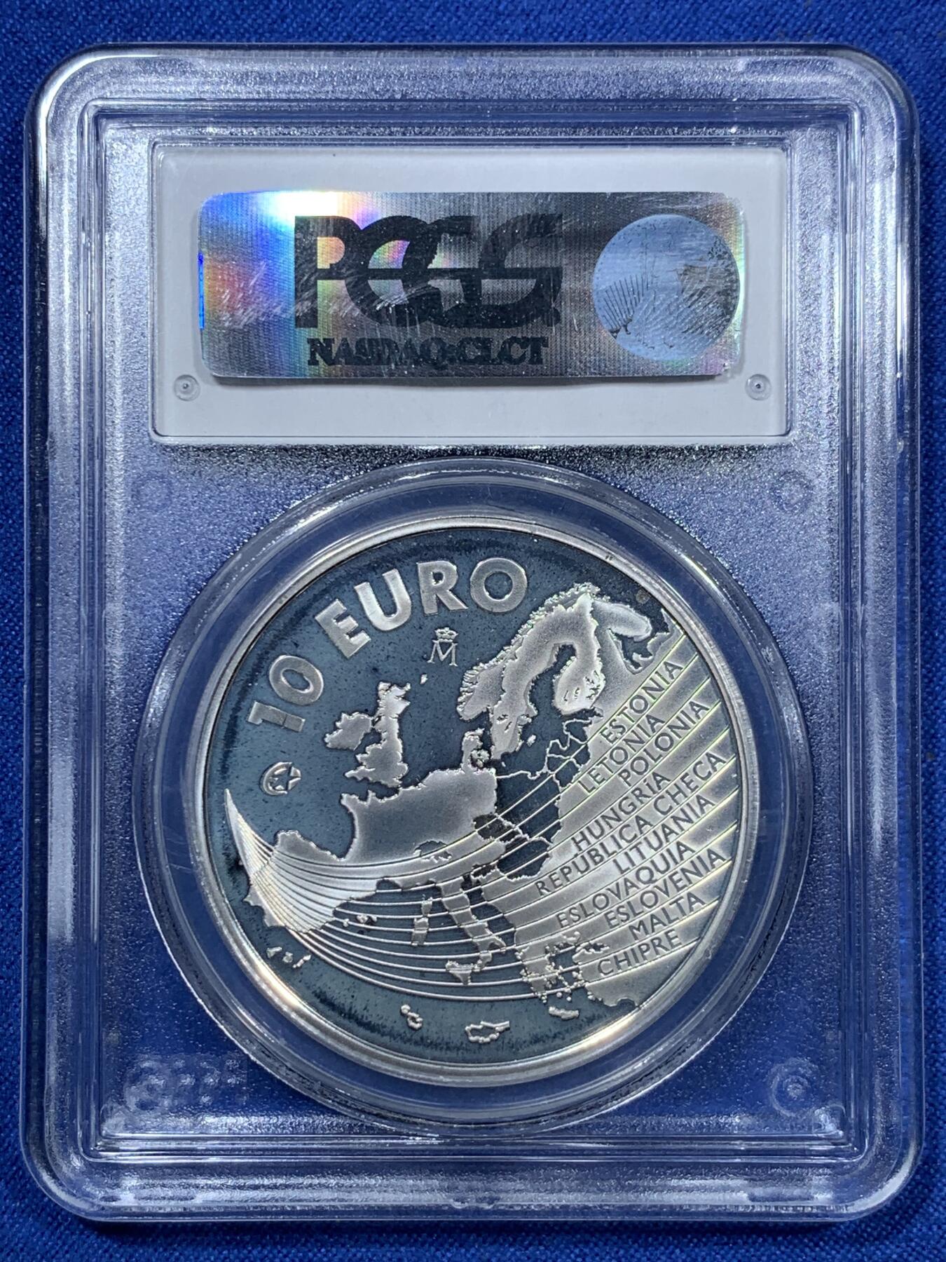 《竞宝斋》第312场 周日，周一 2场连拍 （全场包邮） PCGS PR69DCAM 西班牙2004年胡安·卡洛斯一世（欧盟扩大）10欧大银币