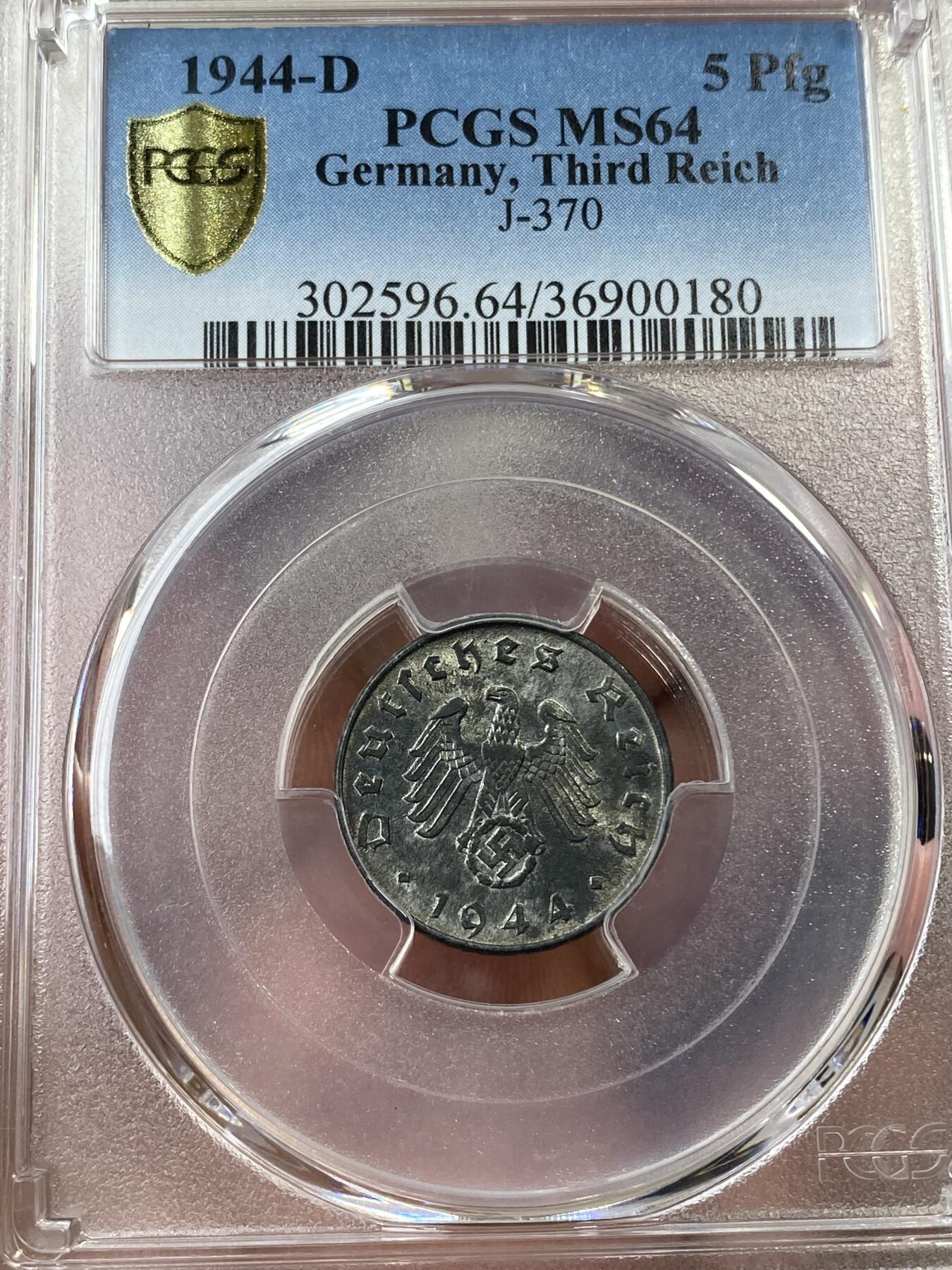 万国钱币拍卖第035期（金银流霞●万国秋季大拍） PCGS MS64 1944D德国三帝国二战时期5芬尼锡币 顶级品相保存完美