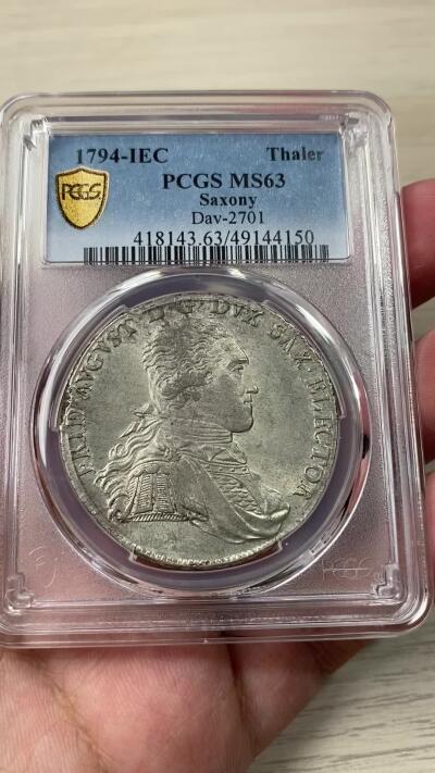 万国钱币拍卖第035期（金银流霞●万国秋季大拍） PCGS MS63 1794年德国萨克森IEC皇冠大泰勒 原味原光青金彩 完美币面无减重痕难得