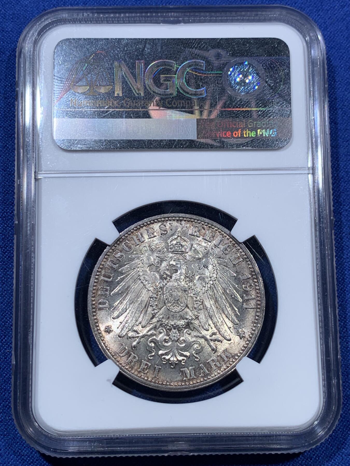 《竞宝斋》第312场 周日，周一 2场连拍 （全场包邮） NGC MS64 德国1911年符腾堡银婚纪念3马克银币，高分极品五彩。