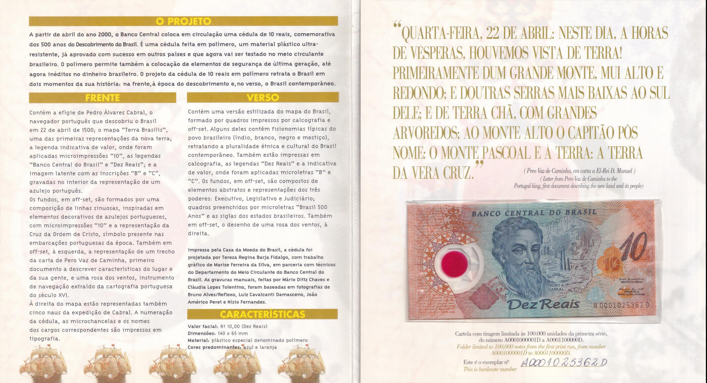 全球纪念钞专场，全部原装册，全新UNC， 【原装册】美洲-巴西-2000年-发现巴西500周年-10里亚尔-塑料钞-纪念钞