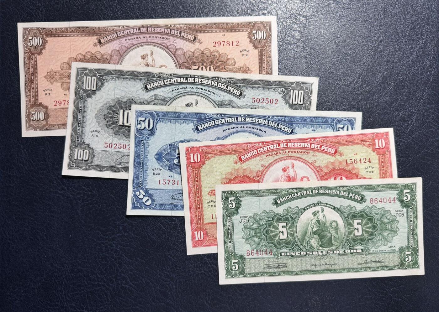 收藏联盟Quantum Auction 第380期拍卖  秘鲁1965年5到500索尔 50为XF 其余品相为UNC-  潮斑