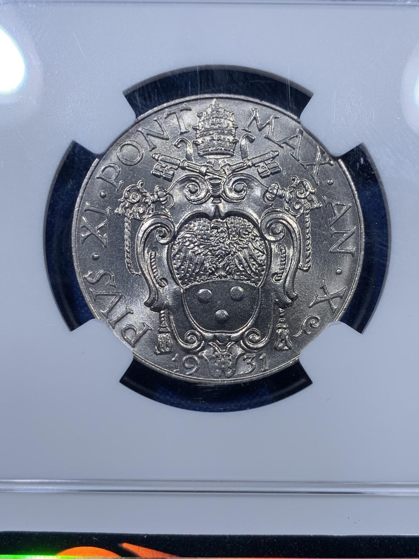 《竞宝斋》第313场 周日，周一 2场连拍 （全场包邮） NGC MS67 梵蒂冈1931年牧羊人2里拉镍币，唯一冠军分