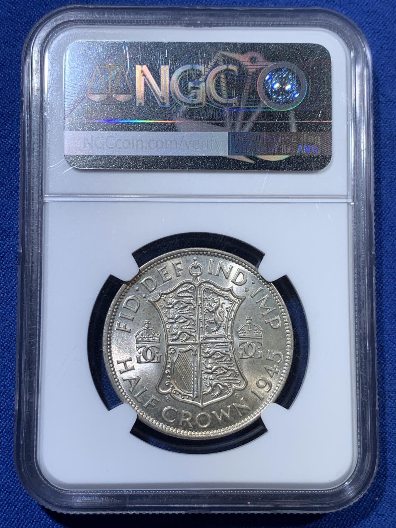 《竞宝斋》第313场 周日，周一 2场连拍 （全场包邮） NGC MS63 英国 1945年 乔治六世 1/2克朗 半克朗 银币 淡黄彩