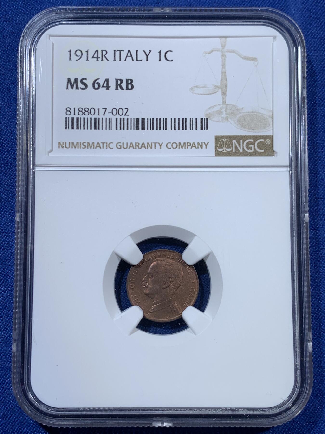 《竞宝斋》第313场 周日，周一 2场连拍 （全场包邮） NGC MS64RB 意大利1914年拿花女神1分 唯美造型
