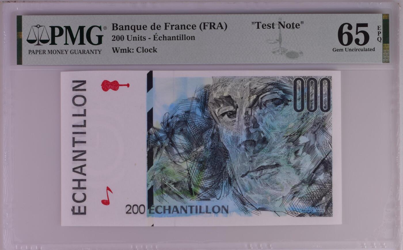 收藏联盟Quantum Auction 第380期拍卖  法国央行200 Units莫里斯.拉威尔纪念测试钞 PMG65