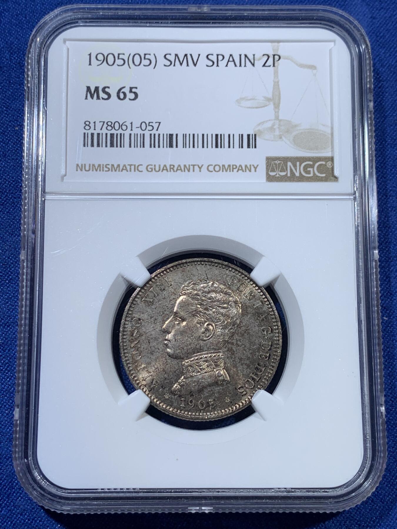 《竞宝斋》第313场 周日，周一 2场连拍 （全场包邮） NGC MS65 西班牙1905阿方索十三世2比塞塔银币