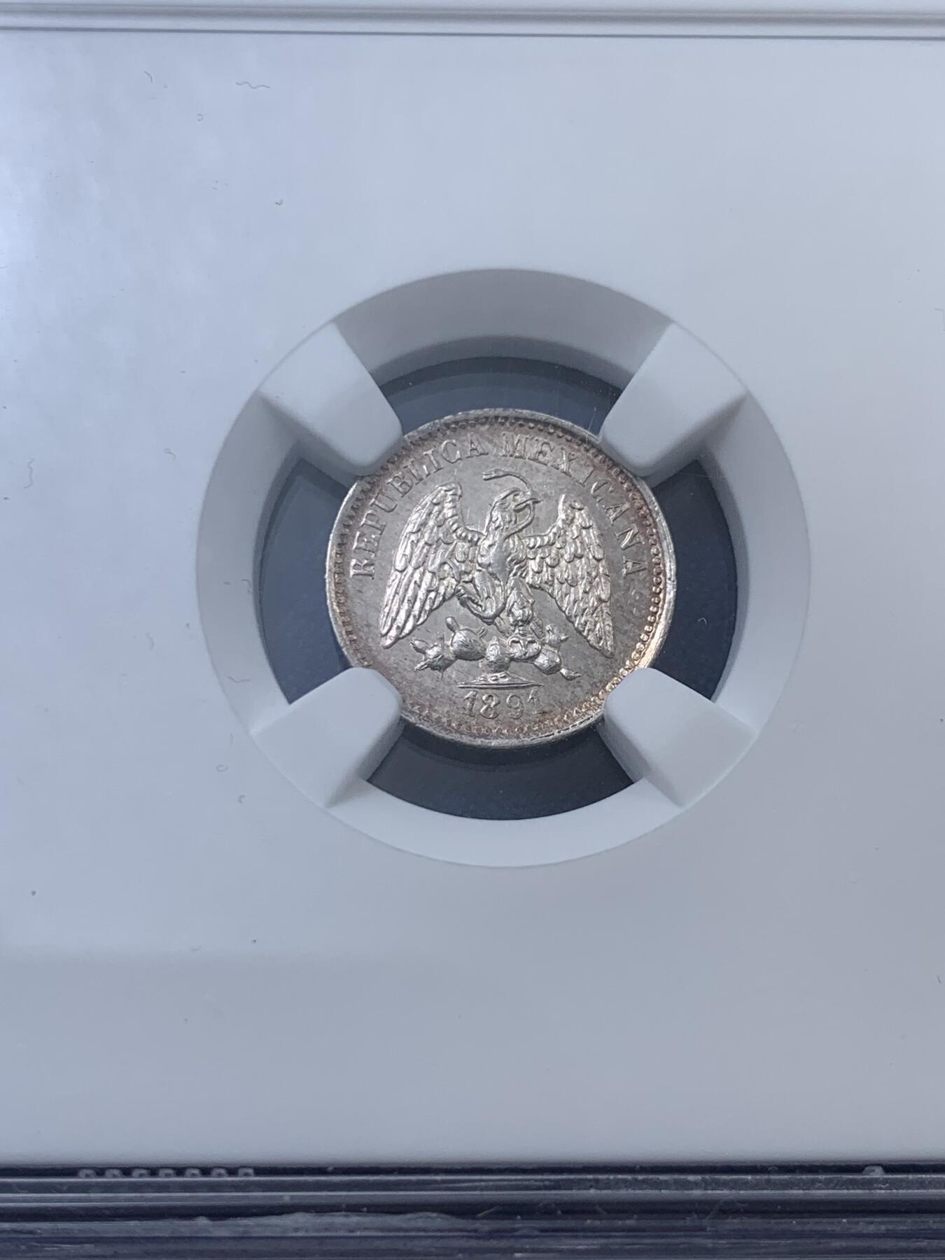《竞宝斋》第313场 周日，周一 2场连拍 （全场包邮） NGC UNCD 1891年 墨西哥 5分鹰洋银币 极少见品种 细节到位，底板光滑PL感