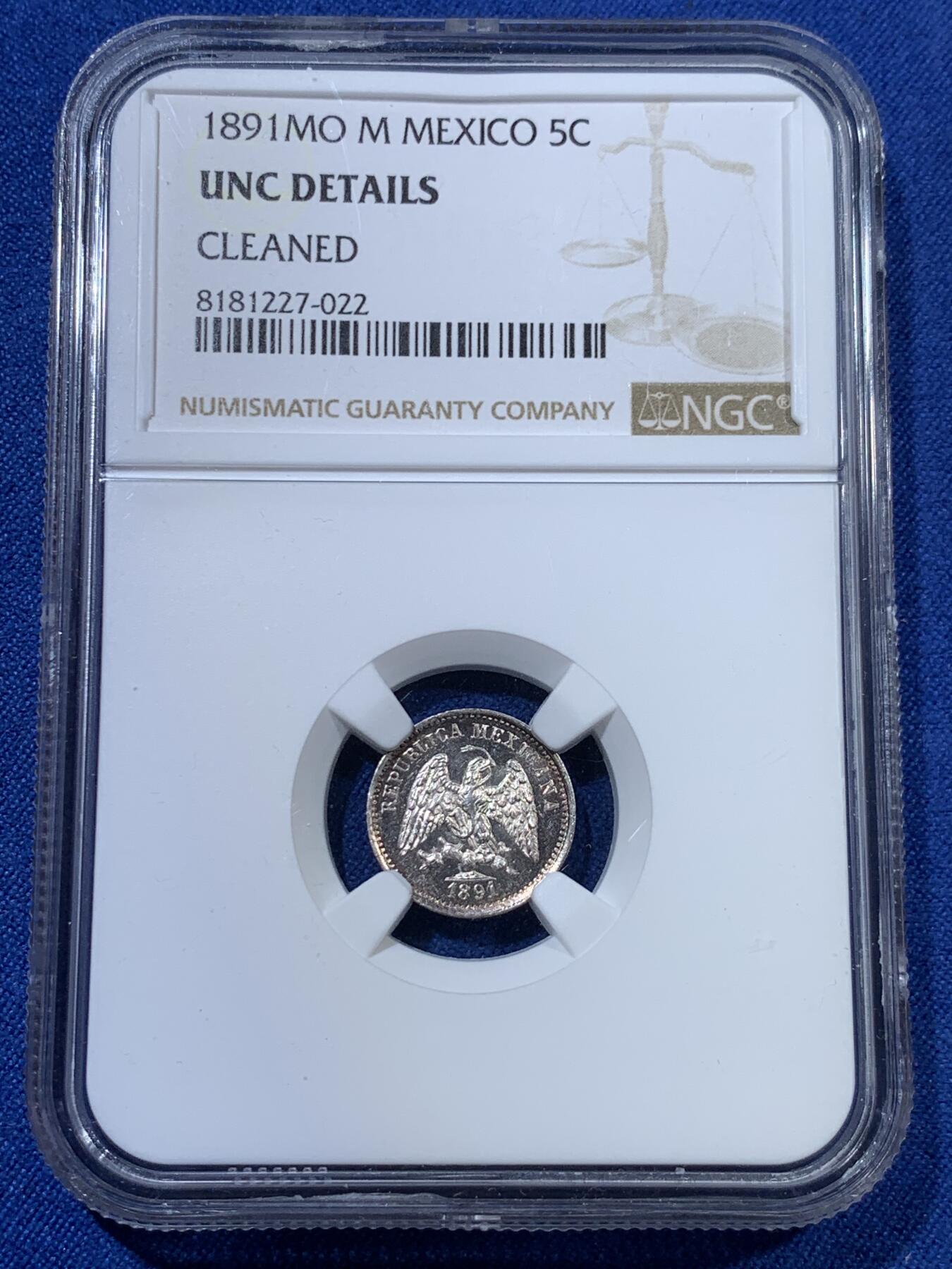 《竞宝斋》第313场 周日，周一 2场连拍 （全场包邮） NGC UNCD 1891年 墨西哥 5分鹰洋银币 极少见品种 细节到位，底板光滑PL感