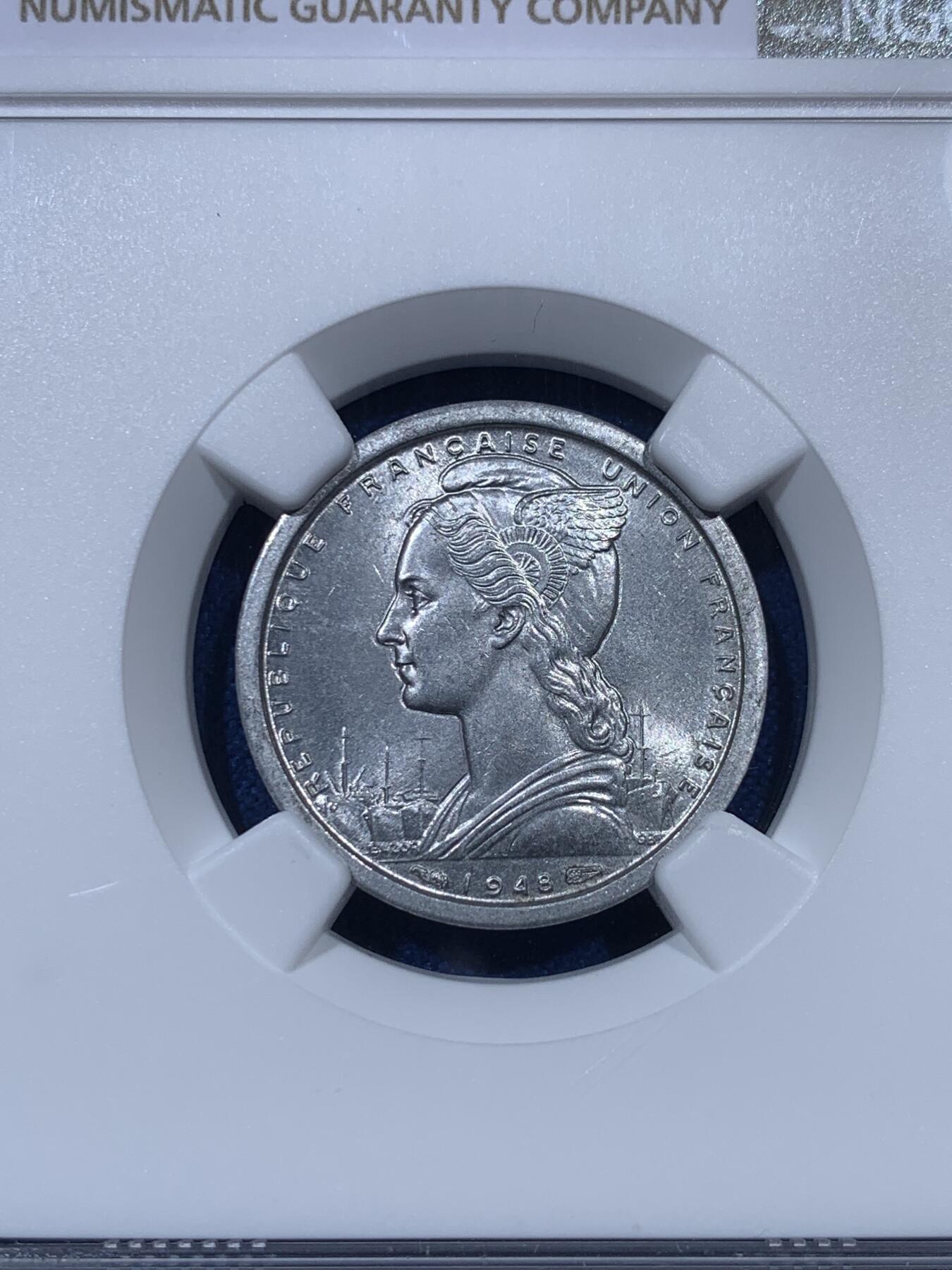 《竞宝斋》第313场 周日，周一 2场连拍 （全场包邮） NGC MS65 亚军分！1948法属圣皮埃尔和密克隆 1法郎铝币 少见的法属地区 少见的品相 两面曝光 可藏！
