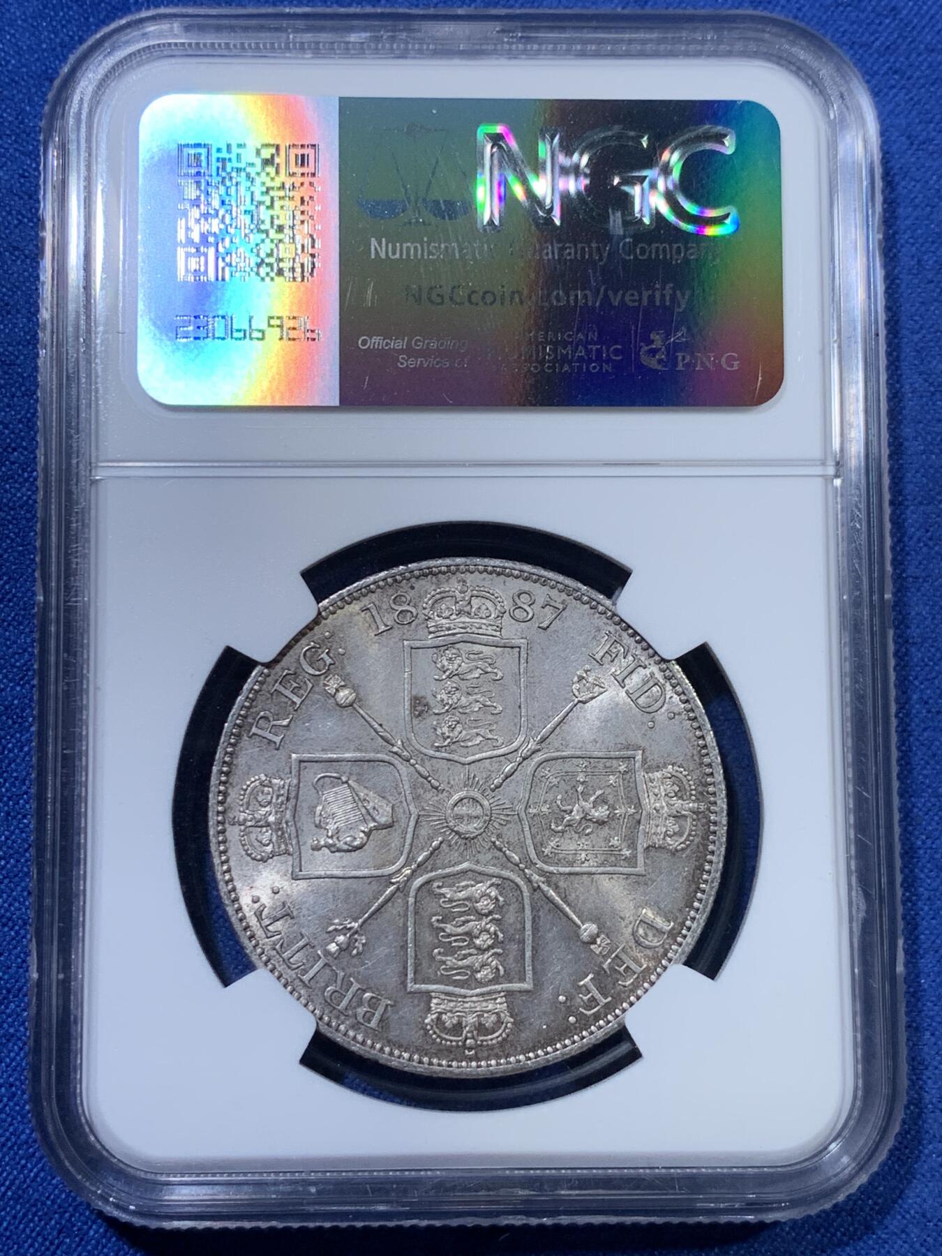 《竞宝斋》第313场 周日，周一 2场连拍 （全场包邮） NGC MS63 英国1887年维多利亚高冠4先令双弗洛林大银币