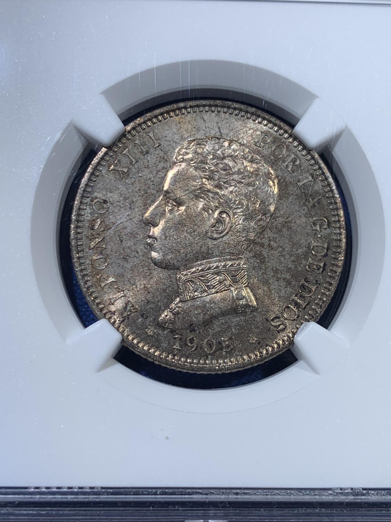 《竞宝斋》第313场 周日，周一 2场连拍 （全场包邮） NGC MS65 西班牙1905阿方索十三世2比塞塔银币