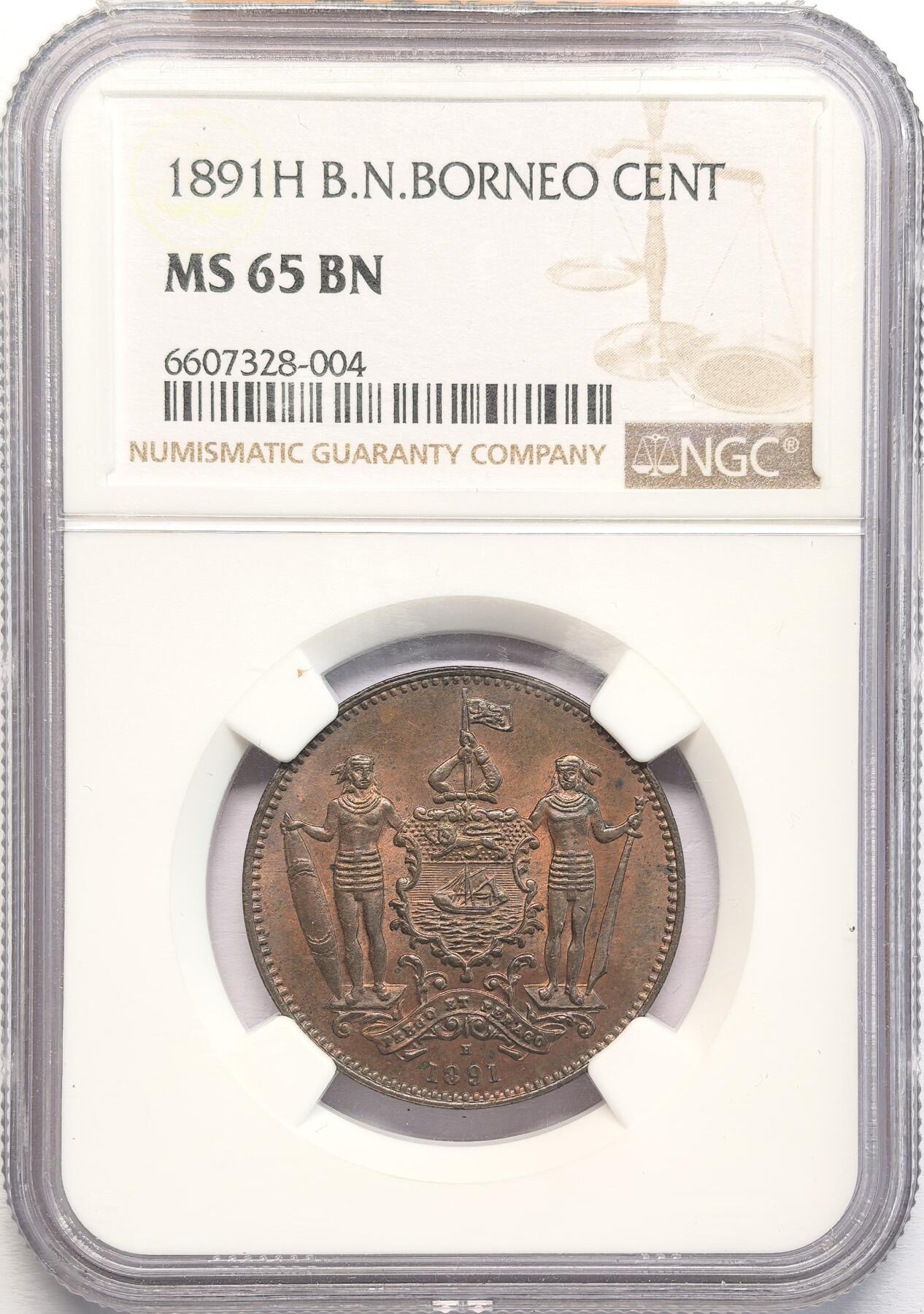 凡希社世界钱币第二百八十五期（秋季大拍②） 1891H英属北婆罗洲洋元壹分NGC-MS65BN，光泽柔美，高分难得！