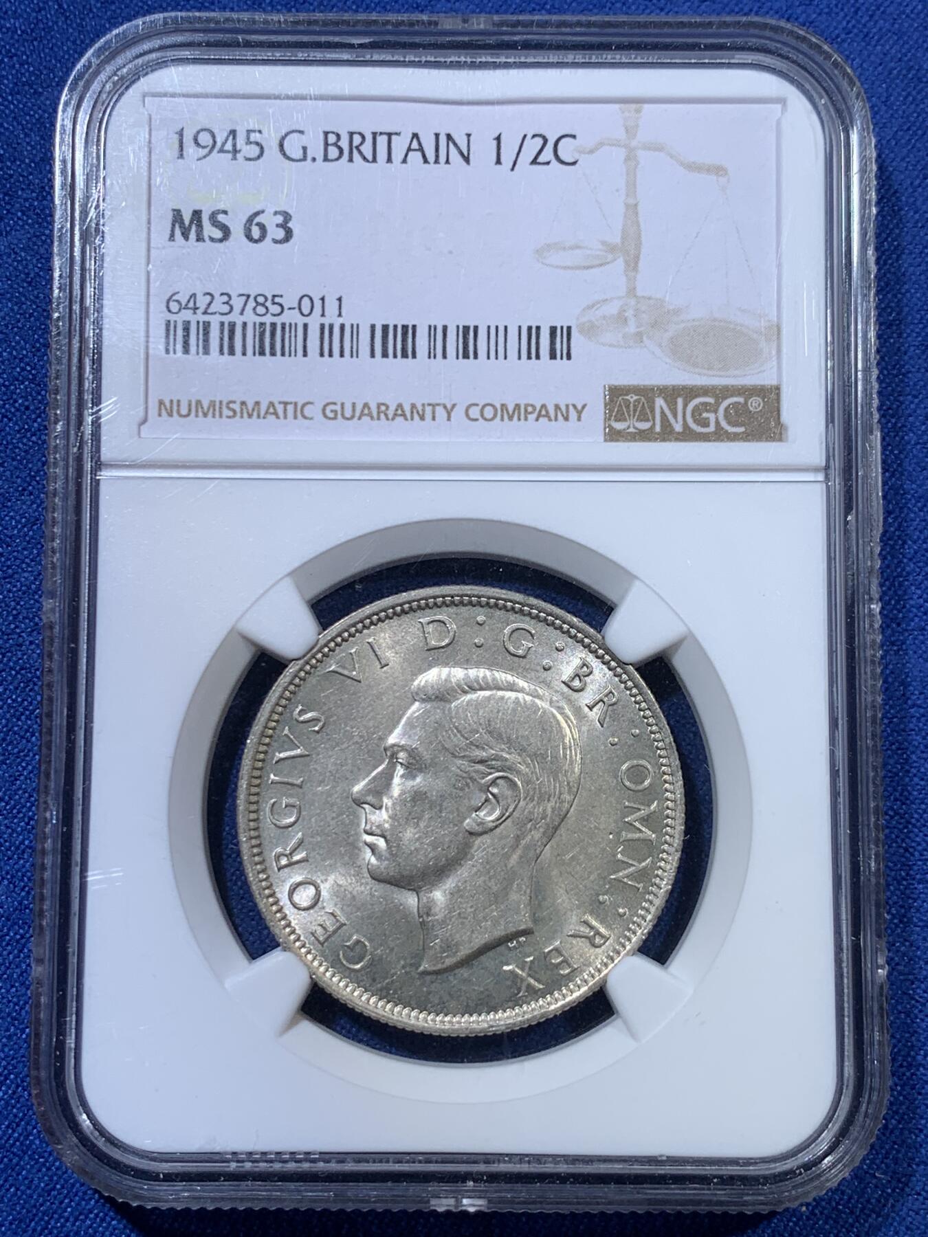 《竞宝斋》第313场 周日，周一 2场连拍 （全场包邮） NGC MS63 英国 1945年 乔治六世 1/2克朗 半克朗 银币 淡黄彩