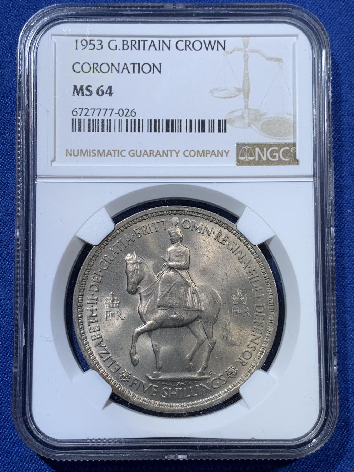 《竞宝斋》第313场 周日，周一 2场连拍 （全场包邮） NGC MS64 英国1953年伊丽莎白二世登基纪念克朗