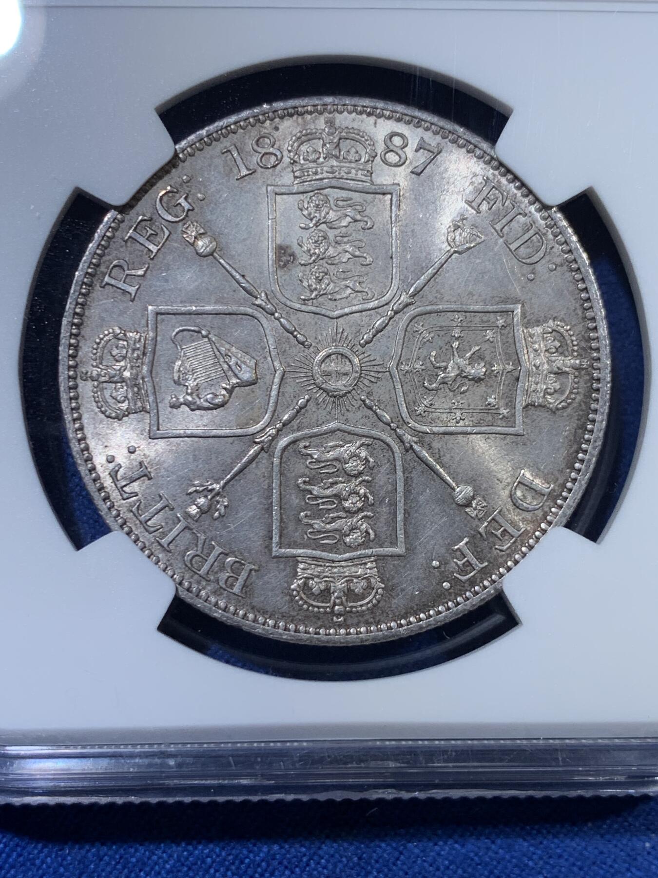 《竞宝斋》第313场 周日，周一 2场连拍 （全场包邮） NGC MS63 英国1887年维多利亚高冠4先令双弗洛林大银币