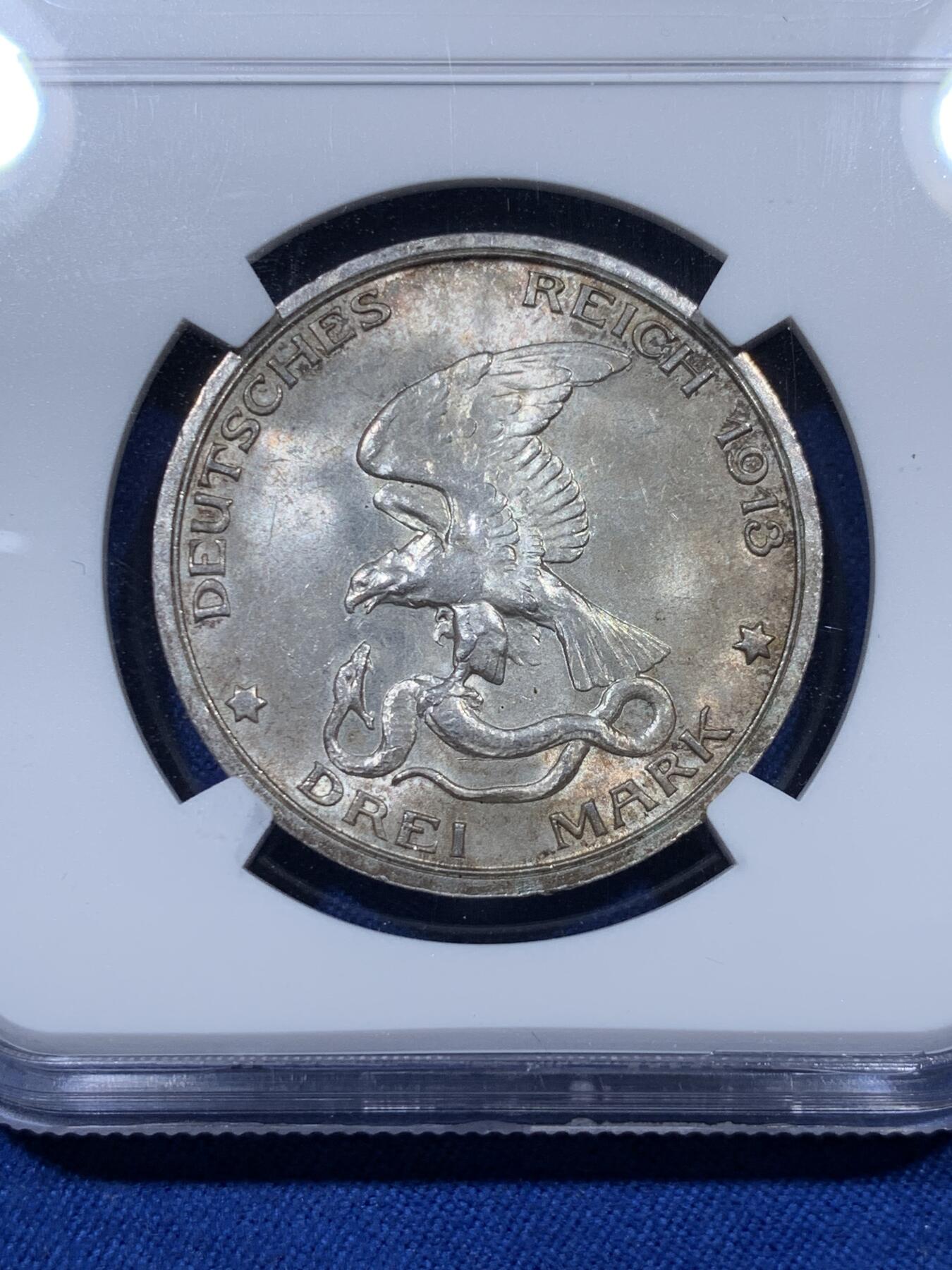 《竞宝斋》第313场 周日，周一 2场连拍 （全场包邮） NGC MS64 原光德国1913年普鲁士战胜拿破仑3马克银币