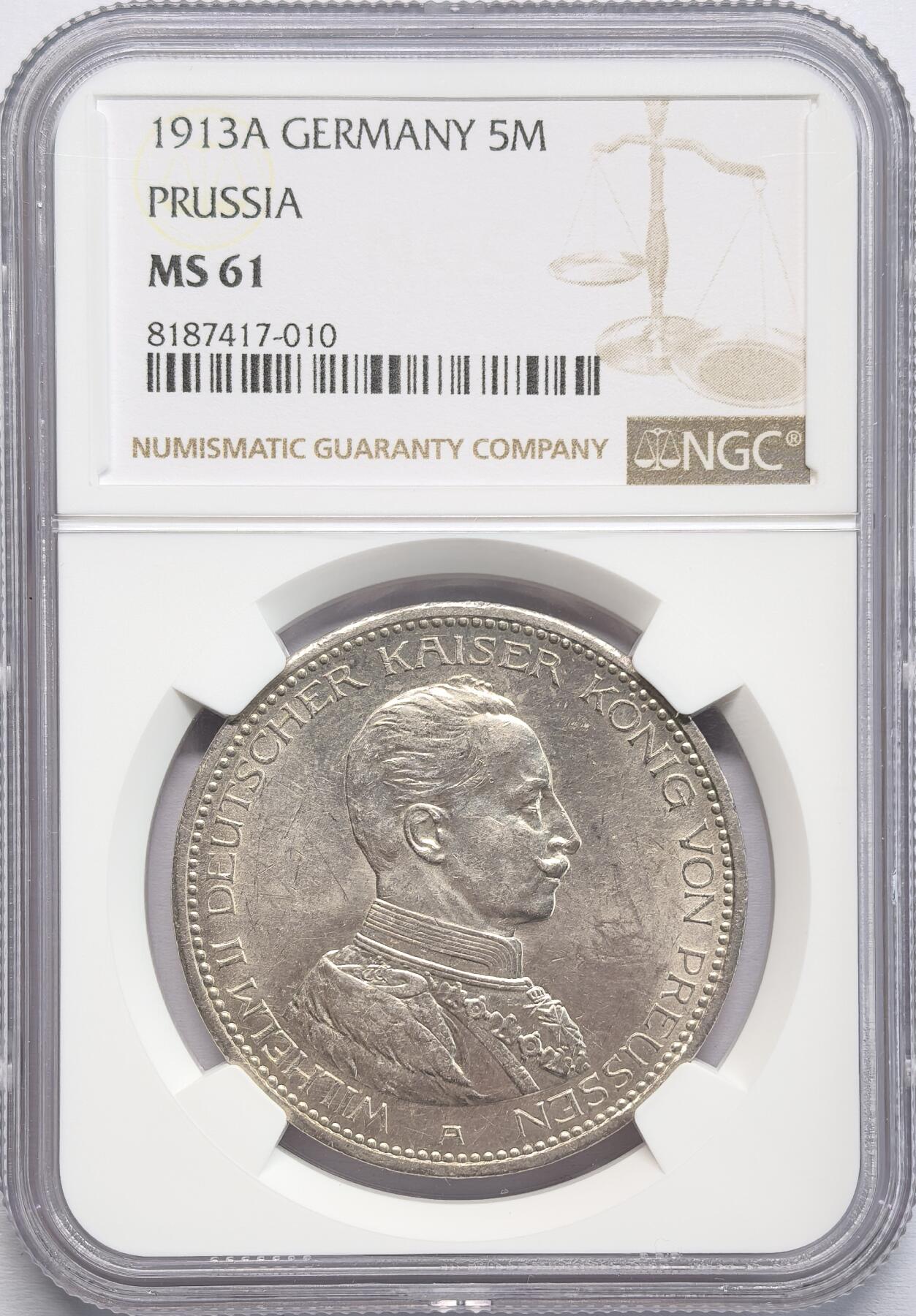 FXS世界钱币微拍第二百八十七期 1913A德国普鲁士军装5马克NGC-MS61