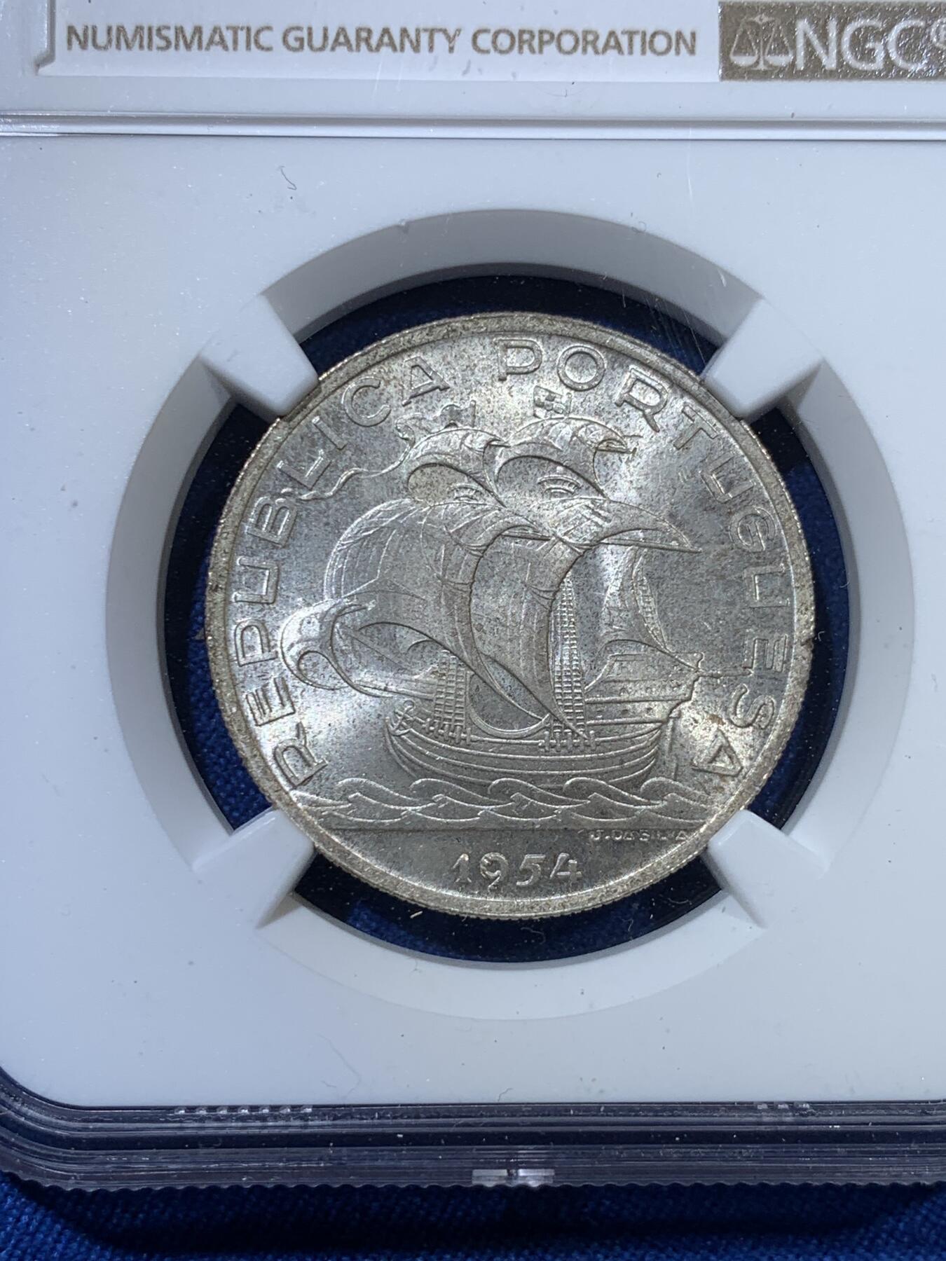 《竞宝斋》第313场 周日，周一 2场连拍 （全场包邮） NGC MS65 葡萄牙1954年大帆船10埃斯库多银币
