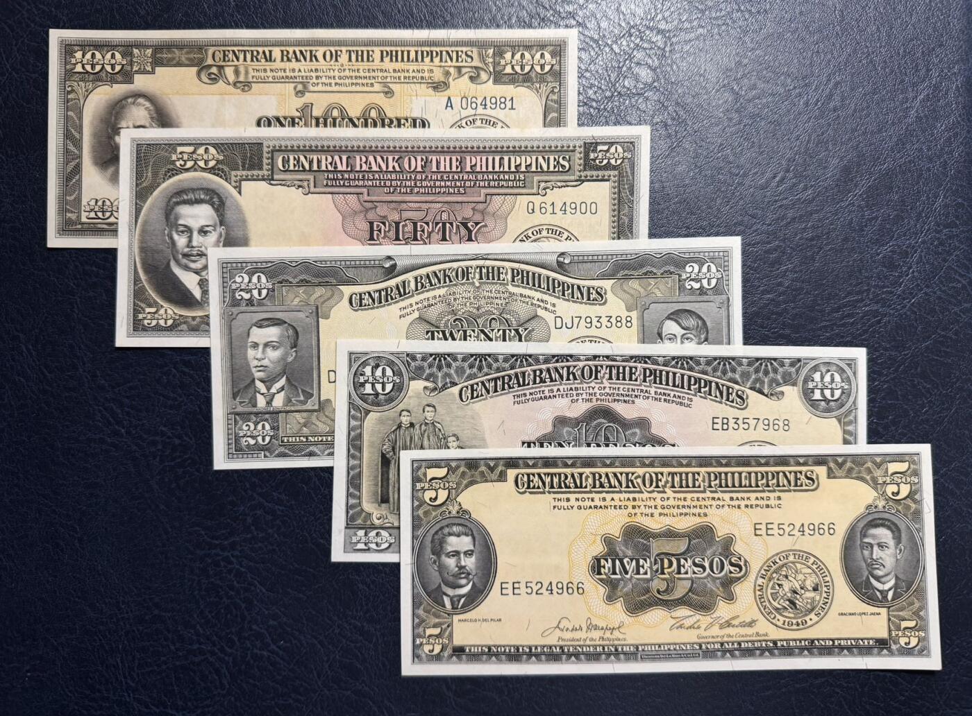 收藏联盟Quantum Auction 第380期拍卖  菲律宾1949年5到100比索 品相UNC 20到100面值有轻微黄斑