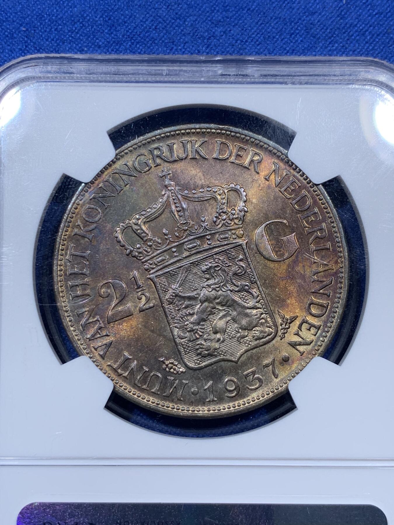 《竞宝斋》第313场 周日，周一 2场连拍 （全场包邮） NGC MS62 五彩状态荷兰1937年威廉明娜女王2.5盾大银币