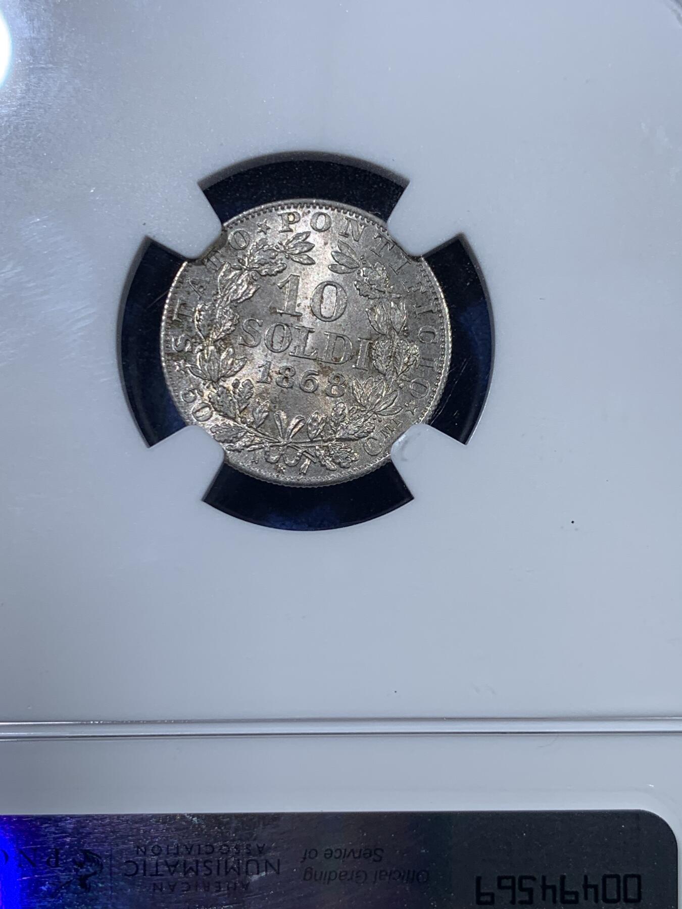 《竞宝斋》第313场 周日，周一 2场连拍 （全场包邮） NGC MS64 梵蒂冈 教皇国 1868年 教皇庇护九世 10SOL 银币