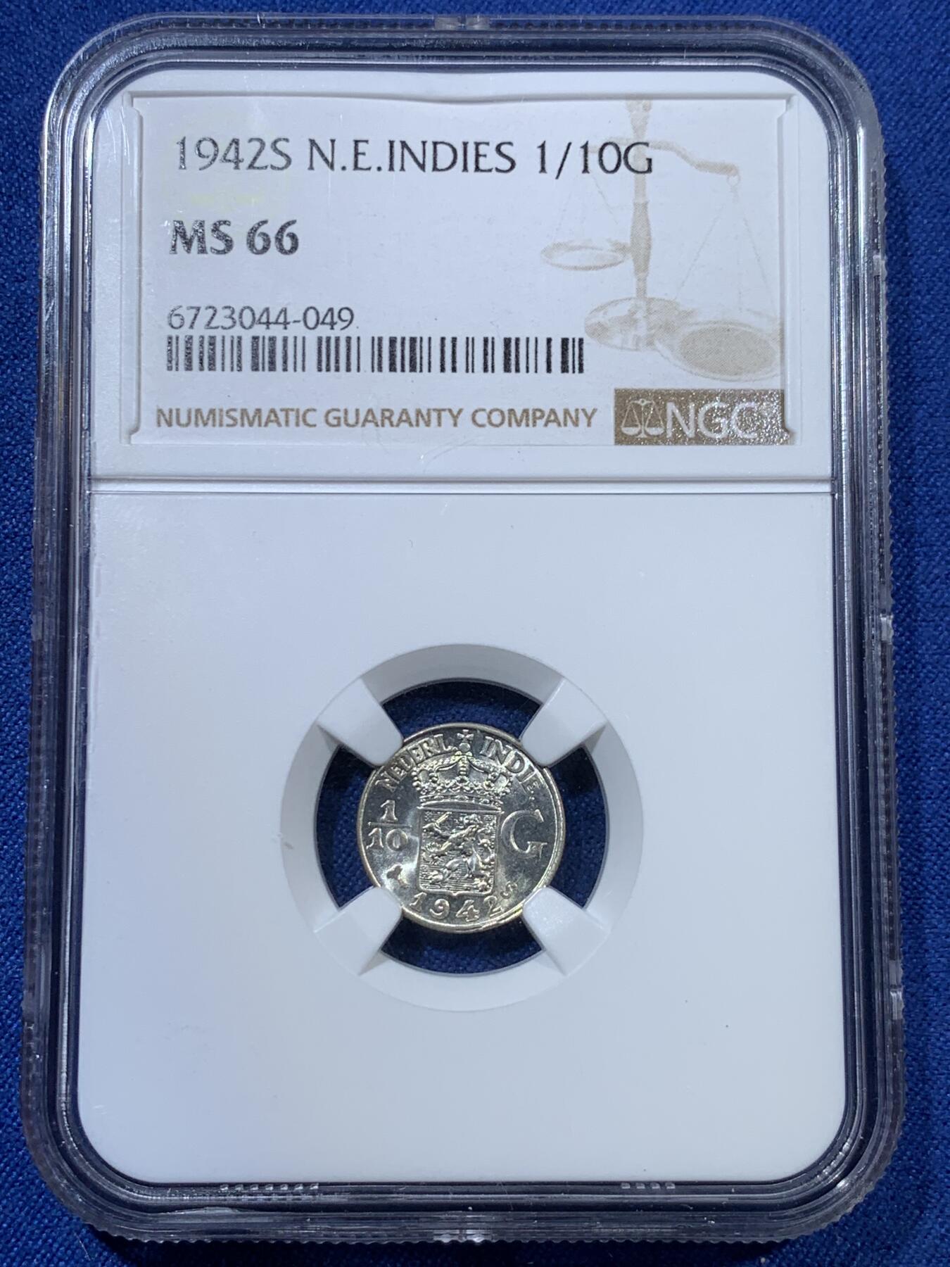 《竞宝斋》第313场 周日，周一 2场连拍 （全场包邮） NGC MS66 荷属东印度 1942年 1/10盾 银币 高分 细节好