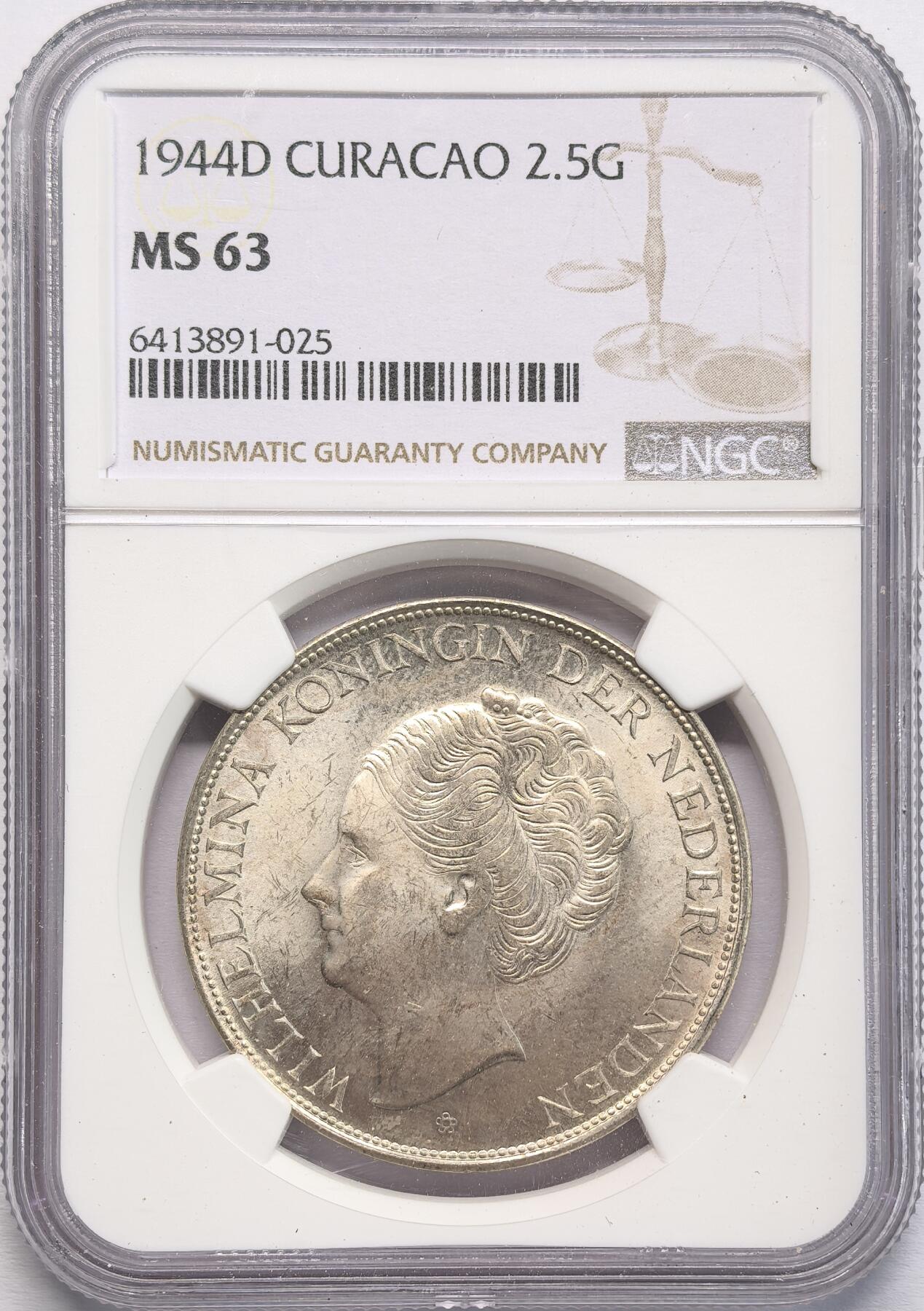 FXS世界钱币微拍第二百八十七期 1944D荷属库拉索威廉敏娜2.5盾大银NGC-MS63