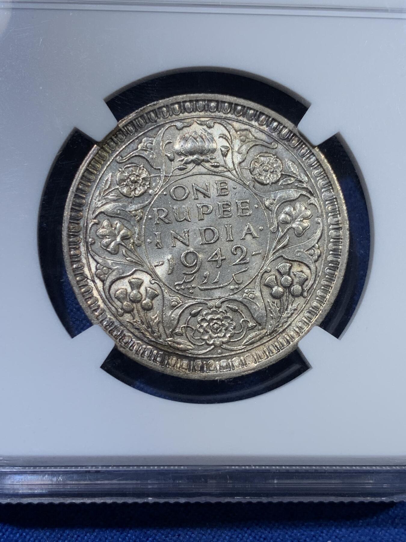 《竞宝斋》第313场 周日，周一 2场连拍 （全场包邮） NGC MS62 英属印度 1942年 乔治六世 1卢比 银币