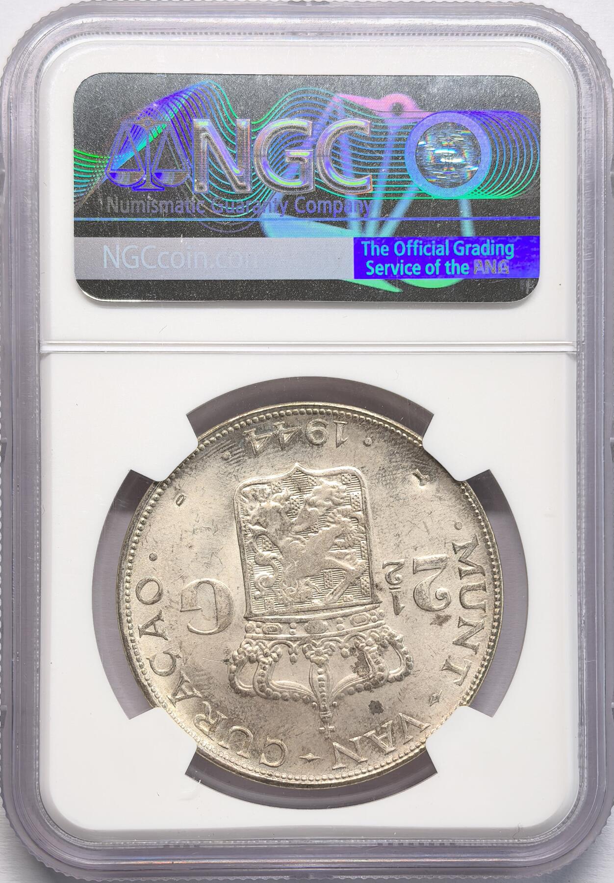 FXS世界钱币微拍第二百八十七期 1944D荷属库拉索威廉敏娜2.5盾大银NGC-MS63