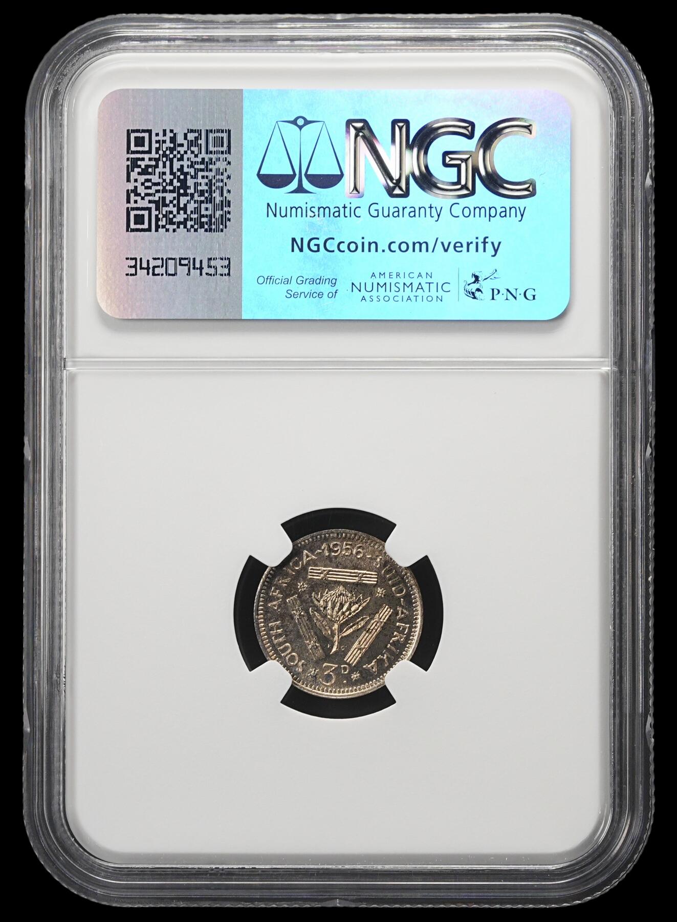 修遠堂世界钱币第四十二期 全场包邮 NGC PF66 1956年南非3便士精制银币 仅铸造1700枚 五彩包浆