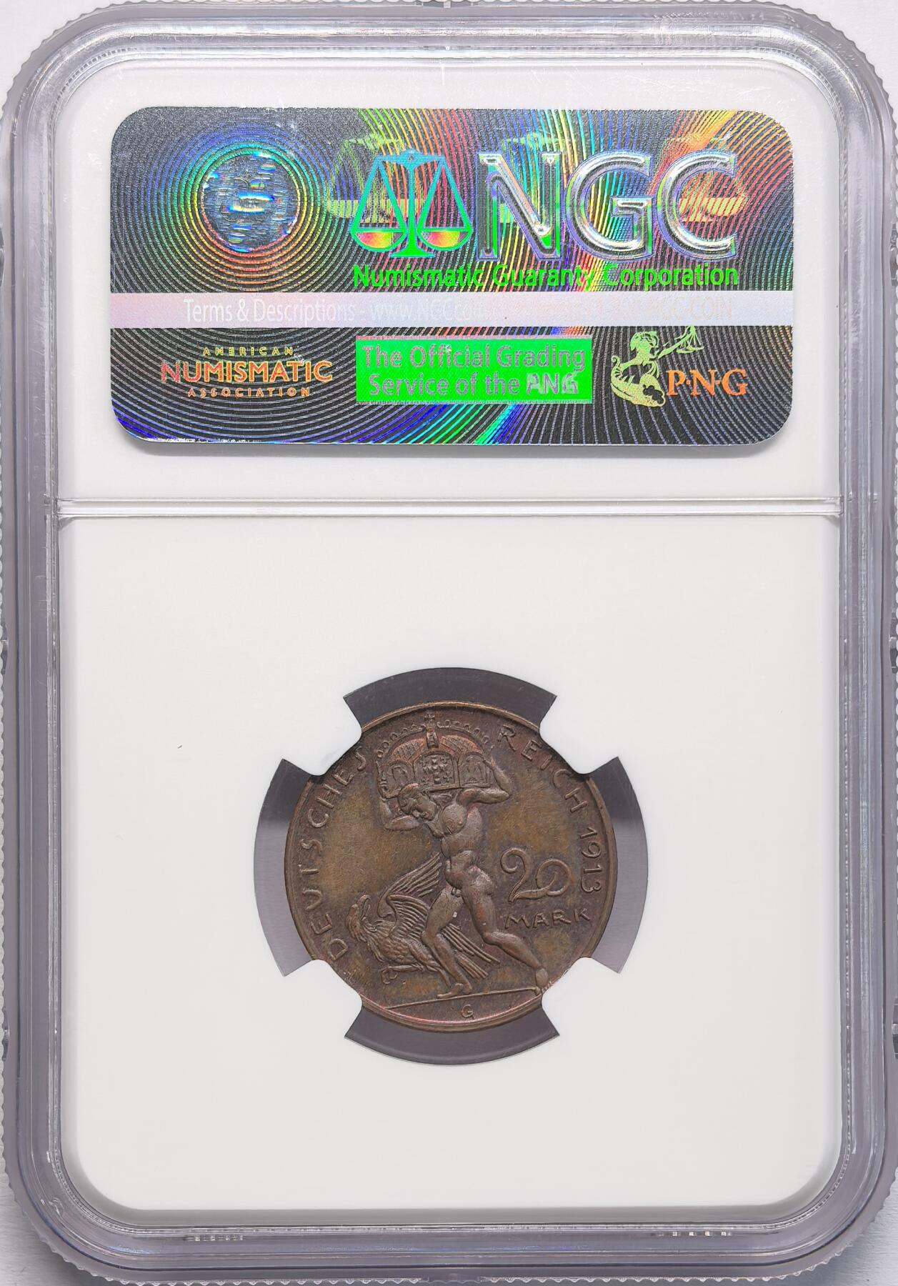 FXS世界钱币微拍第二百八十七期 1913德国巴伐利亚20马克金币铜样NGC-PF63，欲戴王冠，必承其重，哥茨作品。