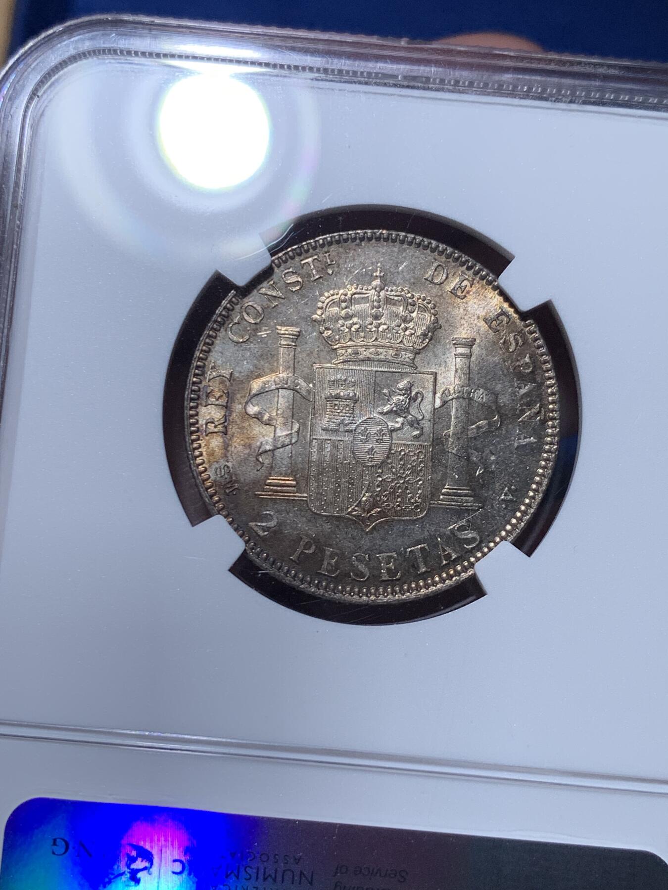 《竞宝斋》第313场 周日，周一 2场连拍 （全场包邮） NGC MS65 西班牙1905阿方索十三世2比塞塔银币