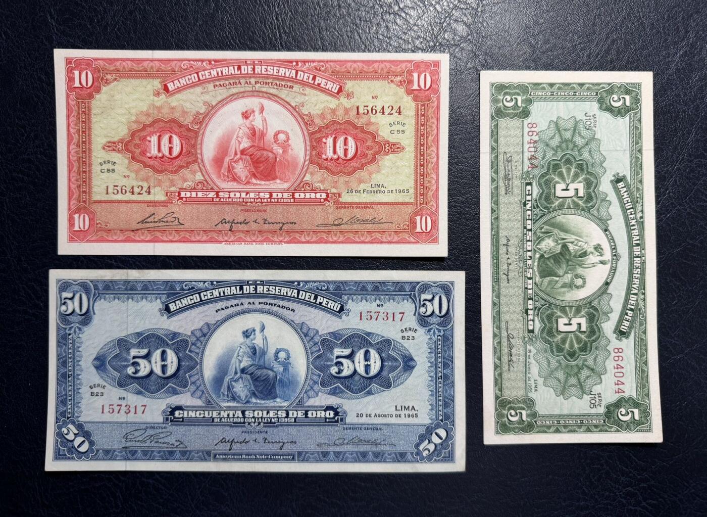 收藏联盟Quantum Auction 第380期拍卖  秘鲁1965年5到500索尔 50为XF 其余品相为UNC-  潮斑