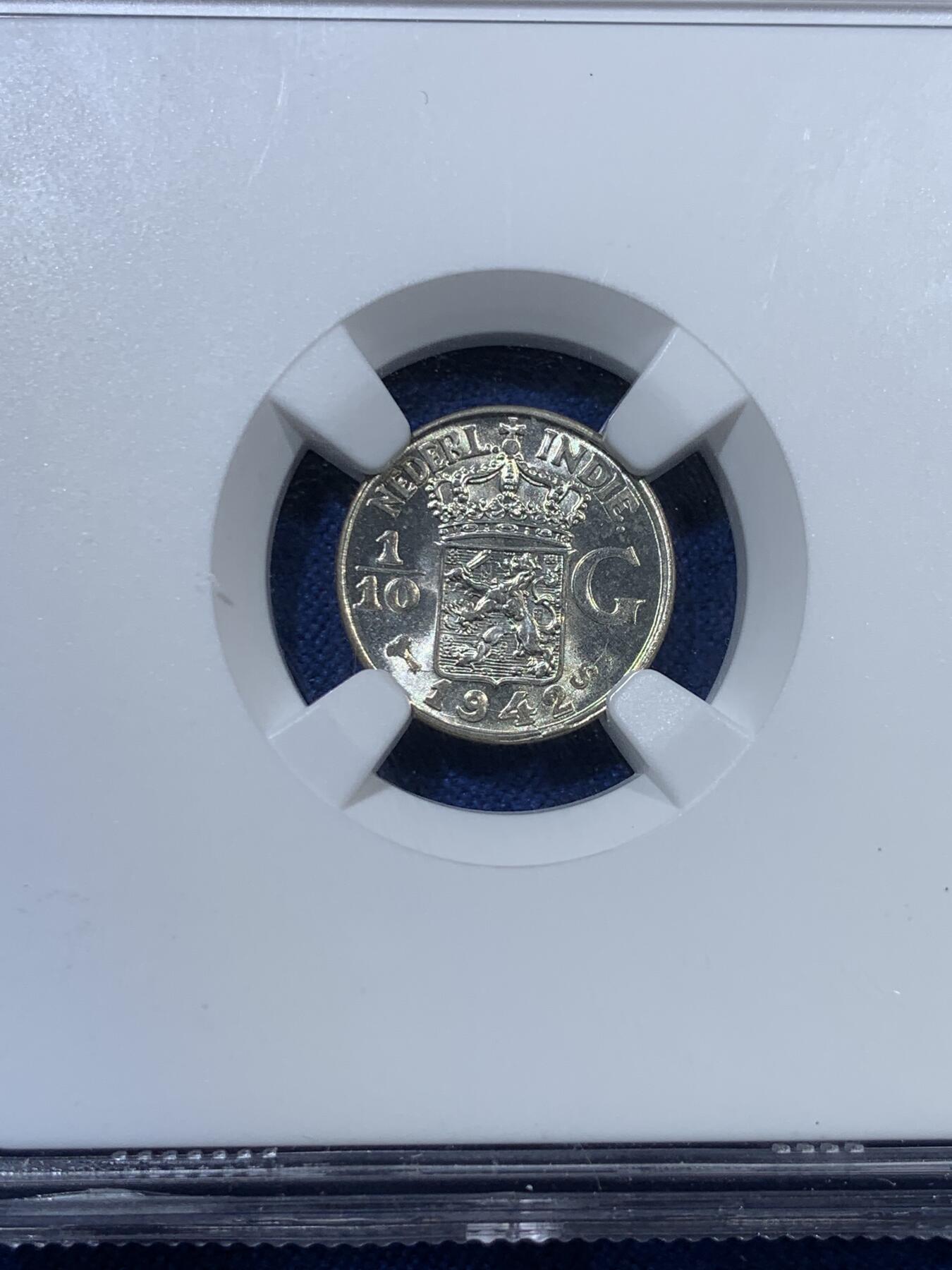 《竞宝斋》第313场 周日，周一 2场连拍 （全场包邮） NGC MS66 荷属东印度 1942年 1/10盾 银币 高分 细节好