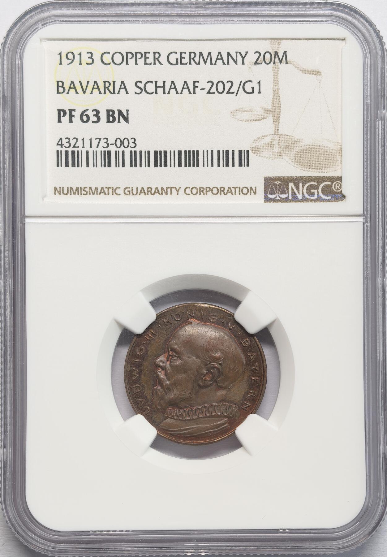 FXS世界钱币微拍第二百八十七期 1913德国巴伐利亚20马克金币铜样NGC-PF63，欲戴王冠，必承其重，哥茨作品。