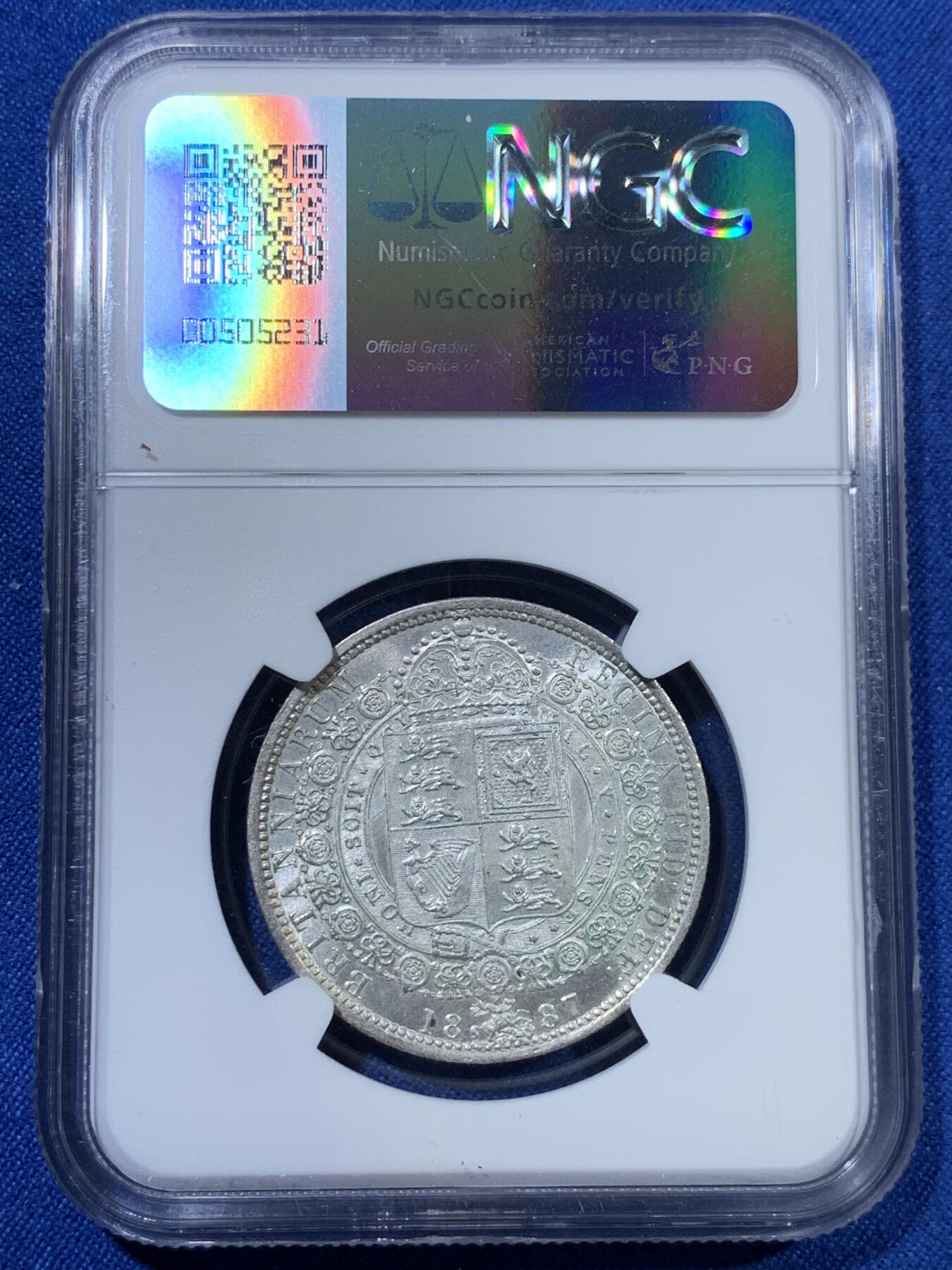 《竞宝斋》第313场 周日，周一 2场连拍 （全场包邮） NGC MS62 英国1887年维多利亚半克朗银币