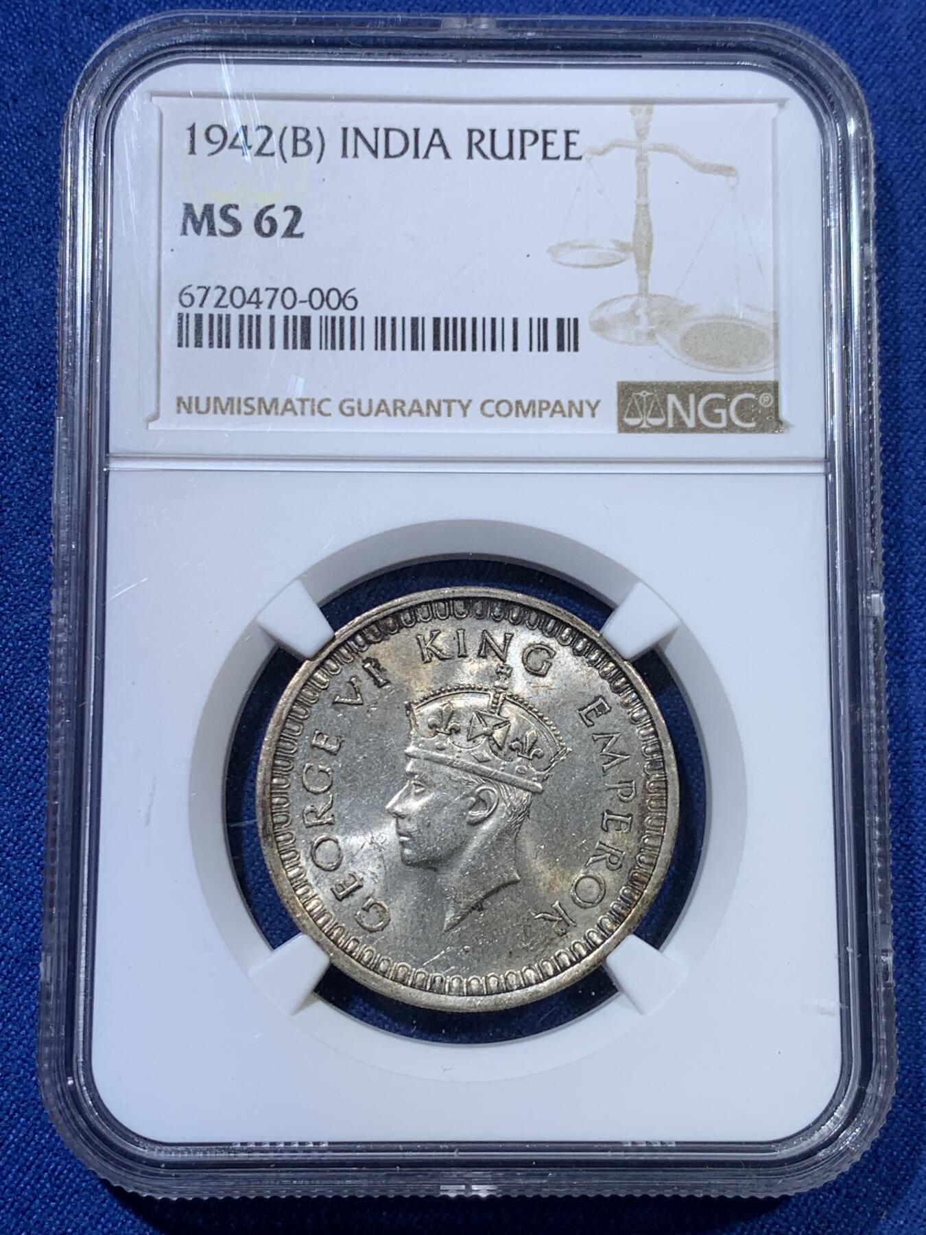 《竞宝斋》第313场 周日，周一 2场连拍 （全场包邮） NGC MS62 英属印度 1942年 乔治六世 1卢比 银币
