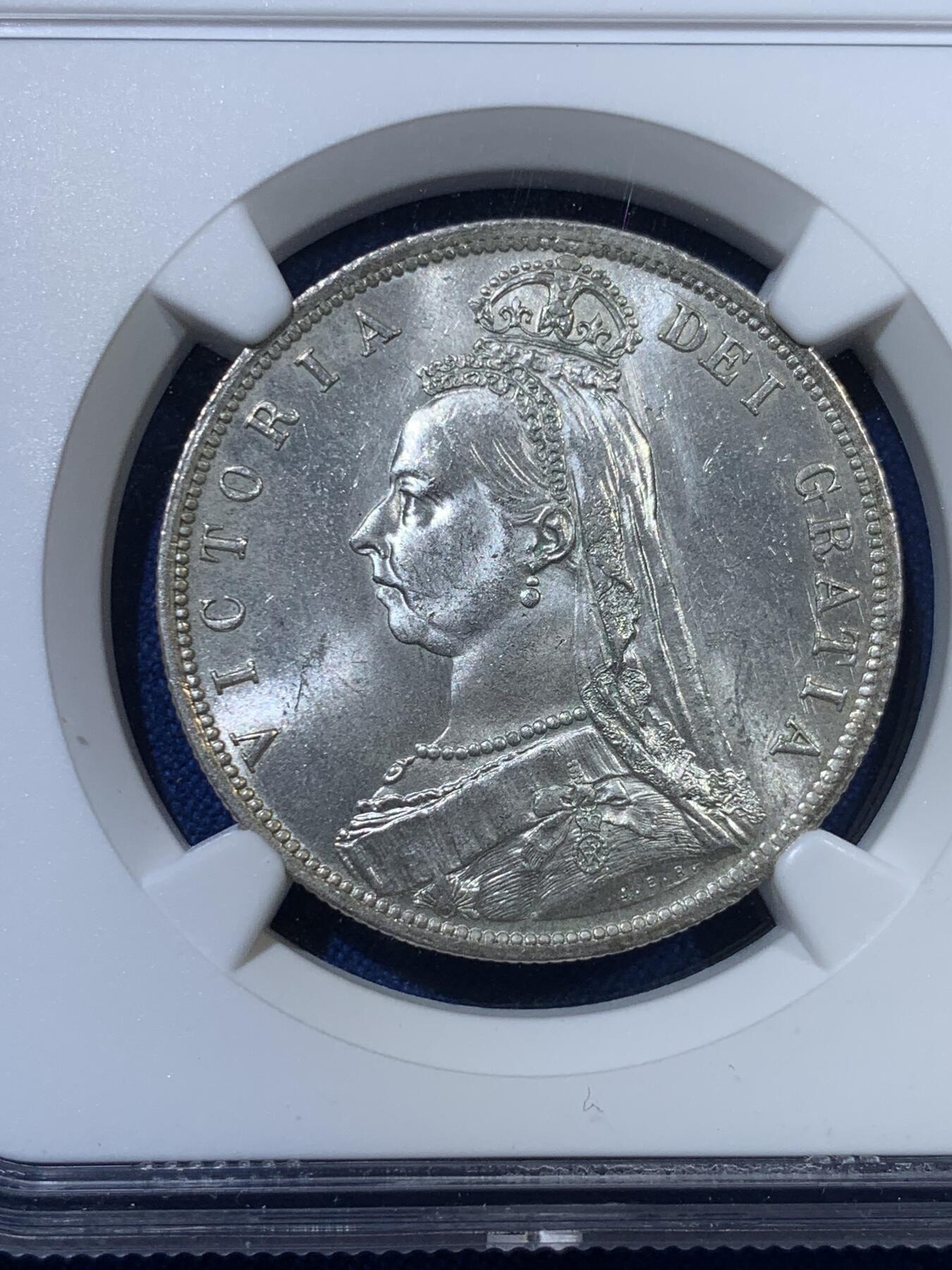 《竞宝斋》第313场 周日，周一 2场连拍 （全场包邮） NGC MS62 英国1887年维多利亚半克朗银币