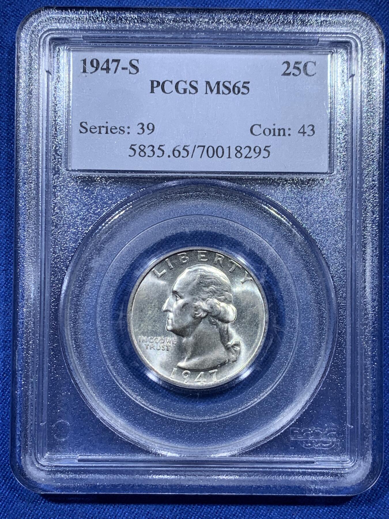 《竞宝斋》第313场 周日，周一 2场连拍 （全场包邮） PCGS MS65 美国1947年S版华盛顿25美分银币