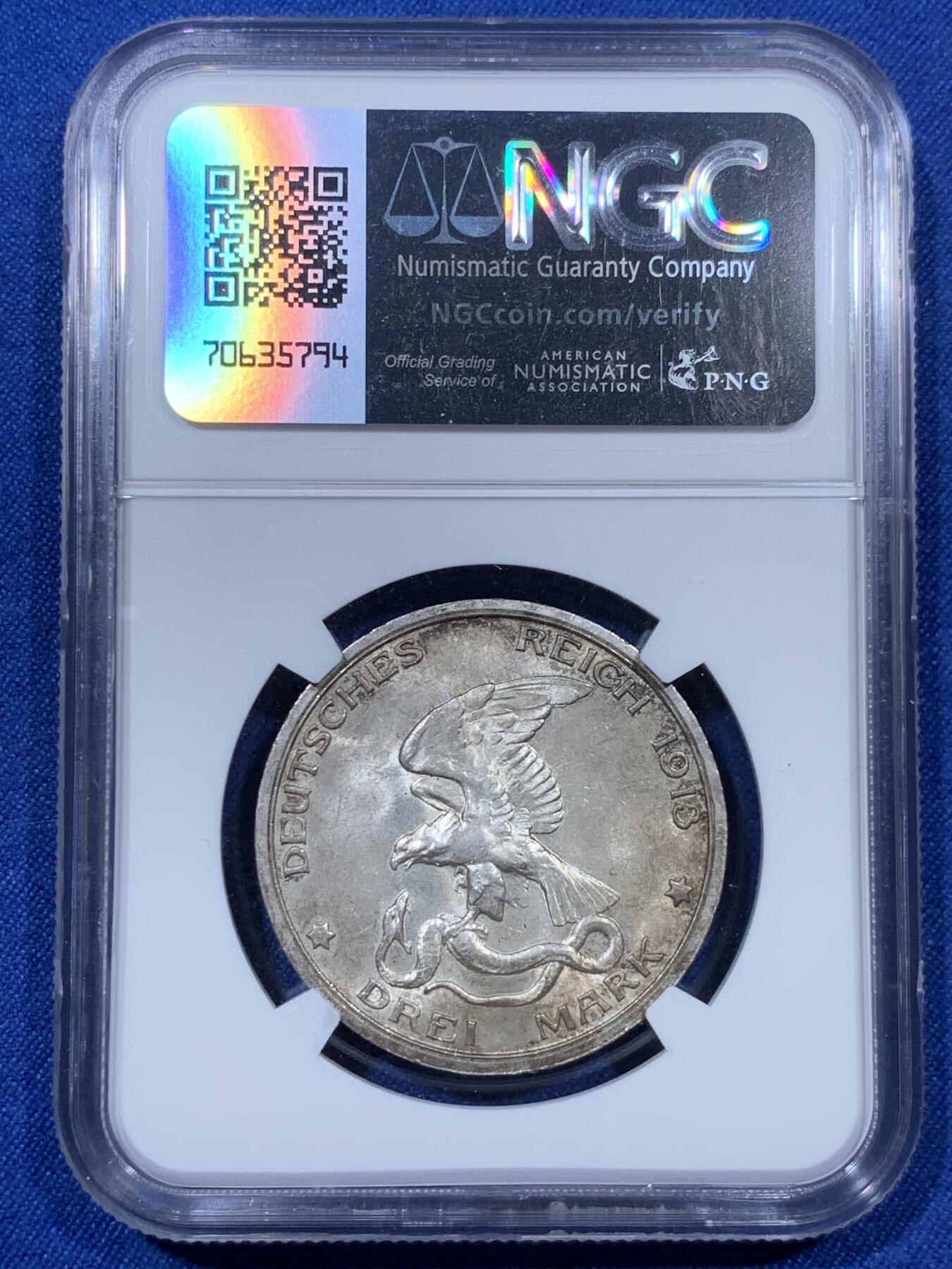 《竞宝斋》第313场 周日，周一 2场连拍 （全场包邮） NGC MS64 原光德国1913年普鲁士战胜拿破仑3马克银币
