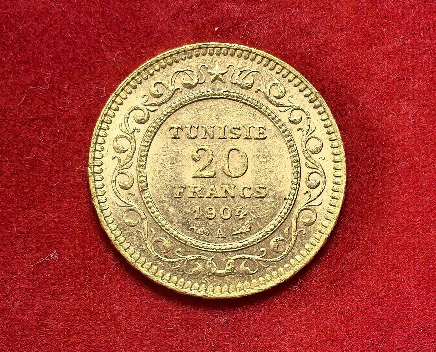 凡希社世界钱币第二百八十五期（秋季大拍②） 1904突尼斯20法郎金币UNC，6.45g，900金
