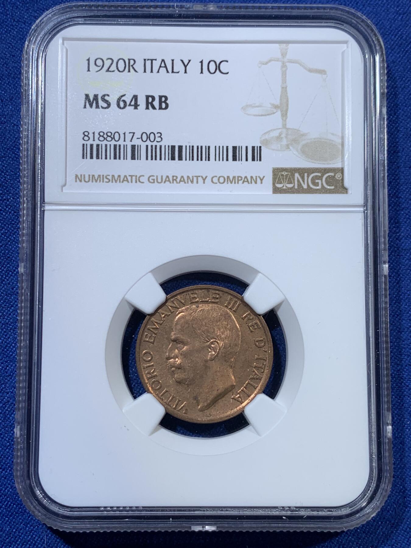 《竞宝斋》第313场 周日，周一 2场连拍 （全场包邮） NGC MS64RB 意大利1920年蜜蜂10C，色泽漂亮，意系动物币不多
