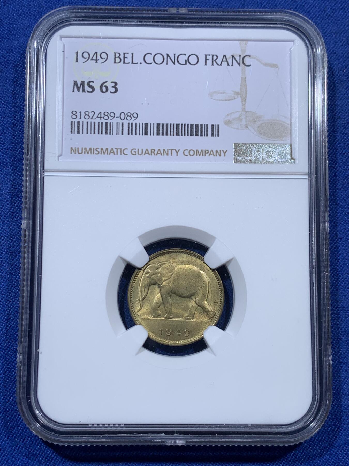《竞宝斋》第313场 周日，周一 2场连拍 （全场包邮） NGC MS63 比属刚果1949年1法郎 非常热门的品种 大象图案很受欢迎 黄铜币保存不易