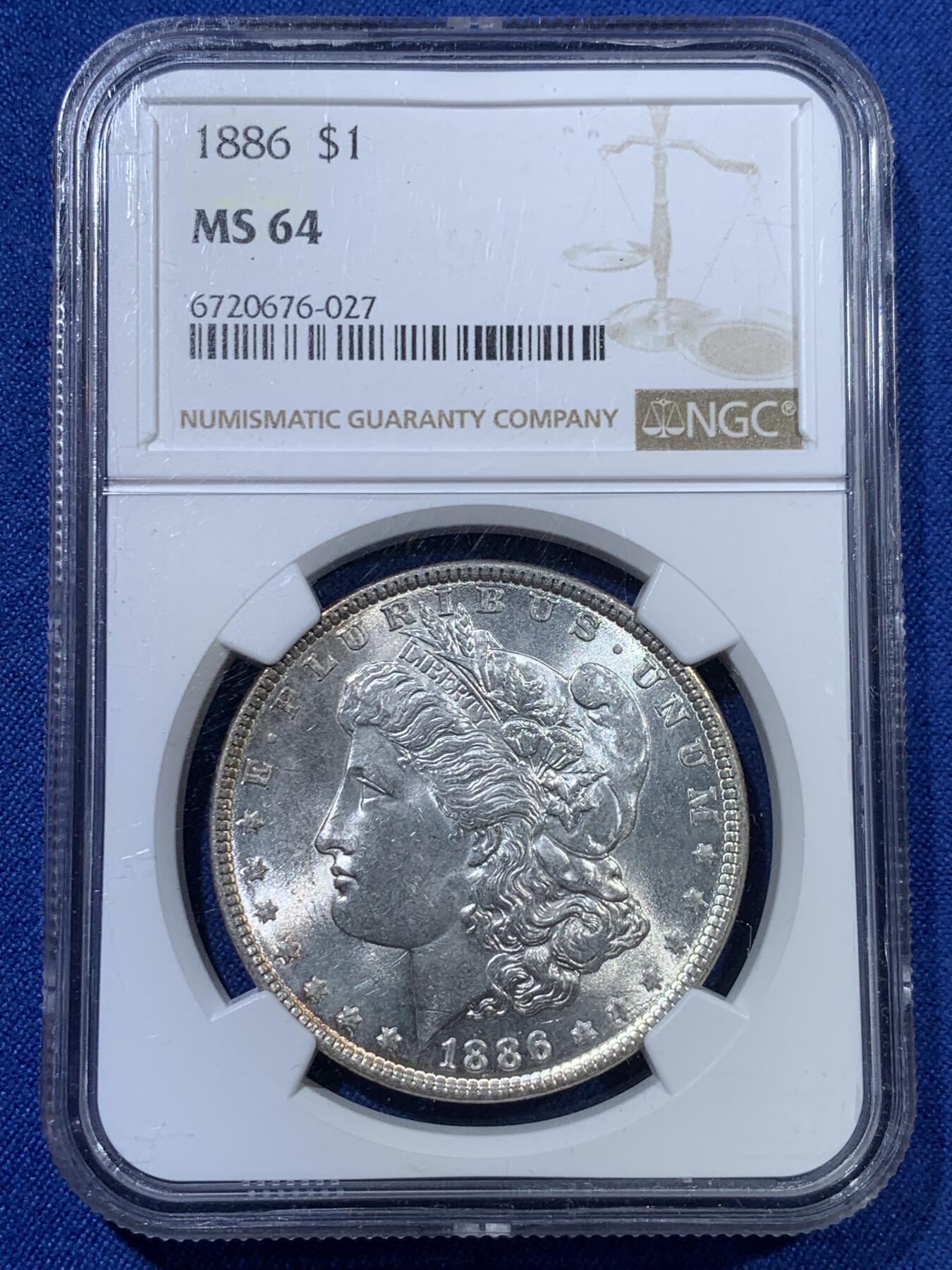 《竞宝斋》第313场 周日，周一 2场连拍 （全场包邮） NGC MS64 美国 1886年 1美元摩根银币 洁净度和光度是同分数很难遇到的