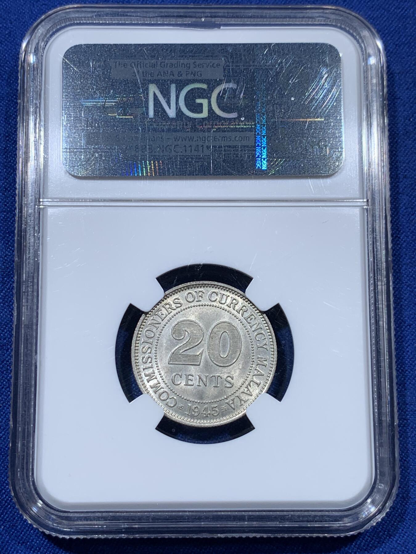 《竞宝斋》第313场 周日，周一 2场连拍 （全场包邮） NGC MS62 英属马来亚1945年20分银币 稀少年份
