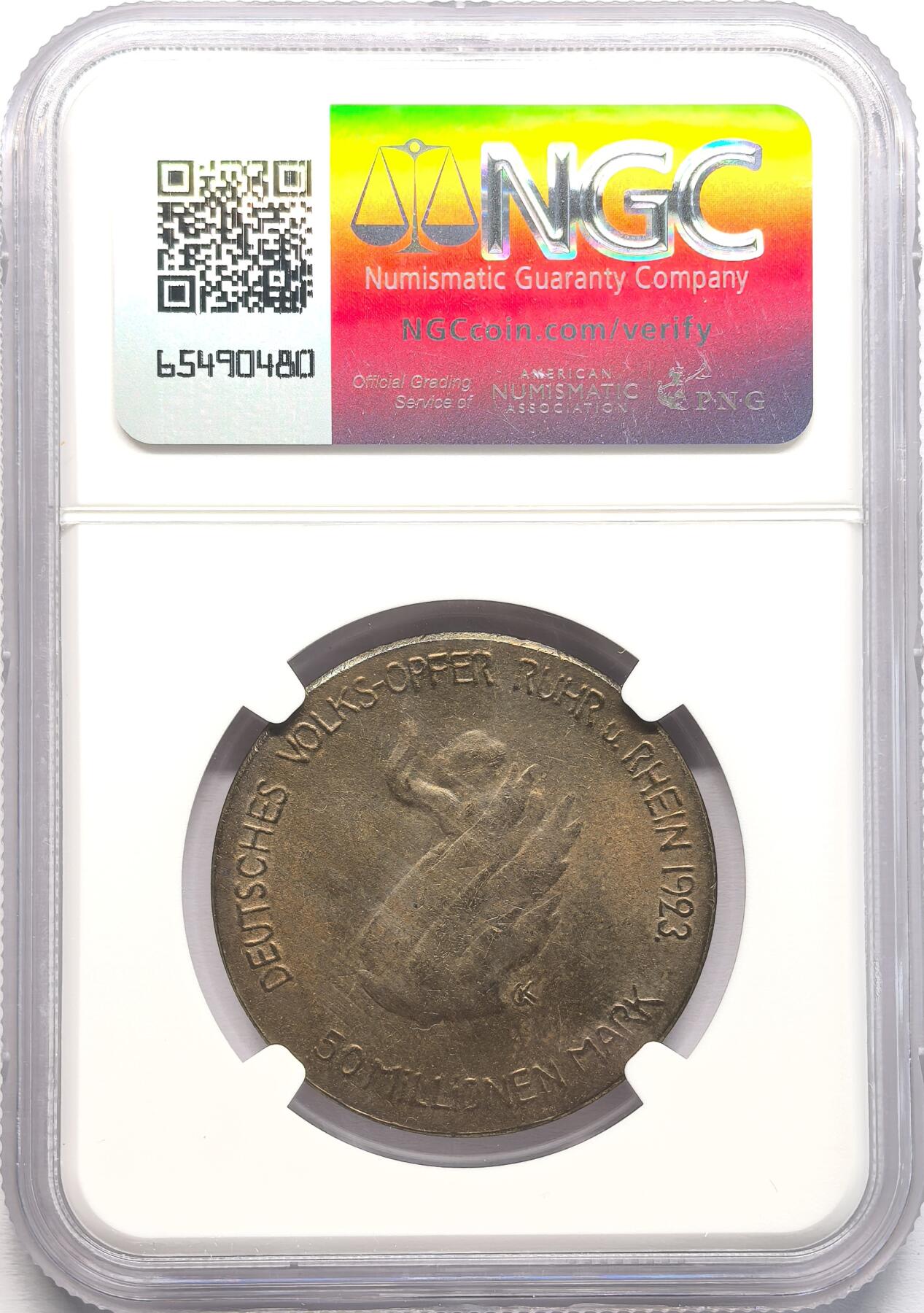 凡希社世界钱币第二百八十五期（秋季大拍②） 1923德紧鲁尔莱茵5千万马克铜币NGC-MS63，稀见品种！