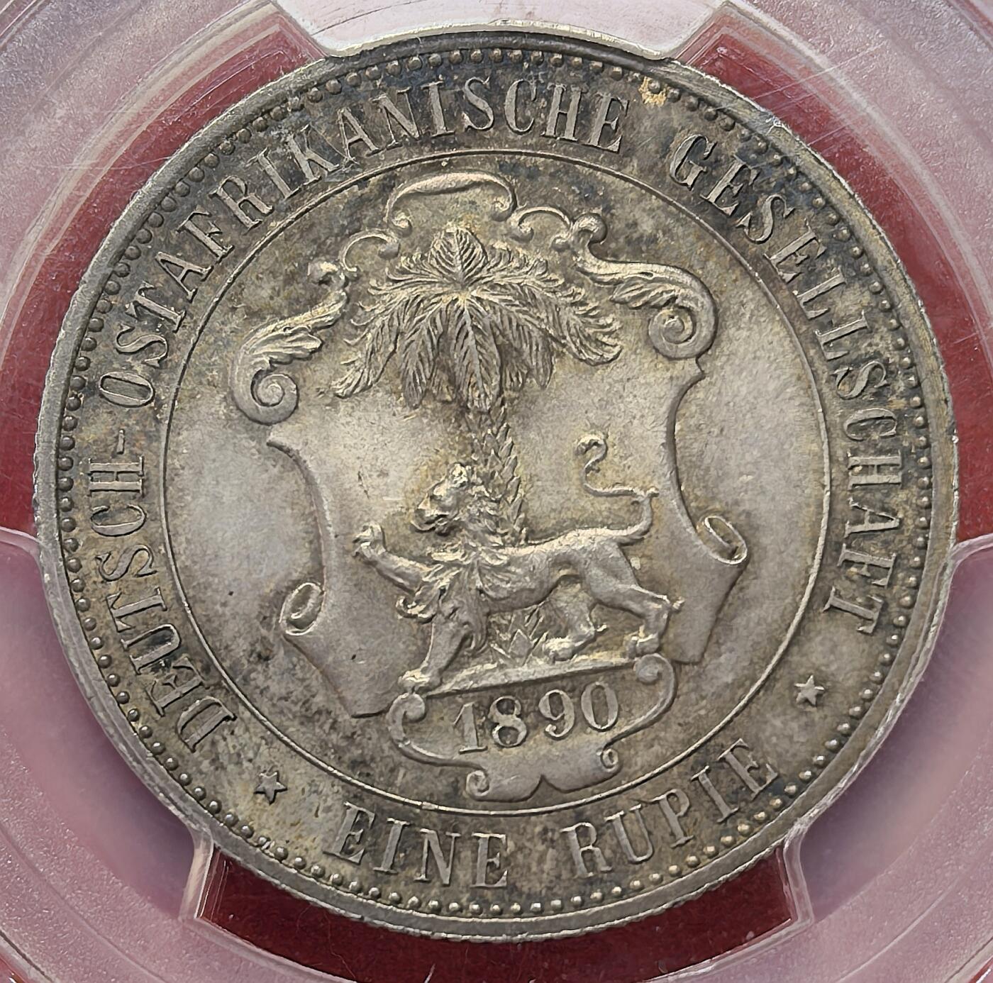 凡希社世界钱币第二百八十五期（秋季大拍②） 1890德属东非公司卢比银币PCGS-MS63，纸袋形成的灰彩，实物上手漂亮！