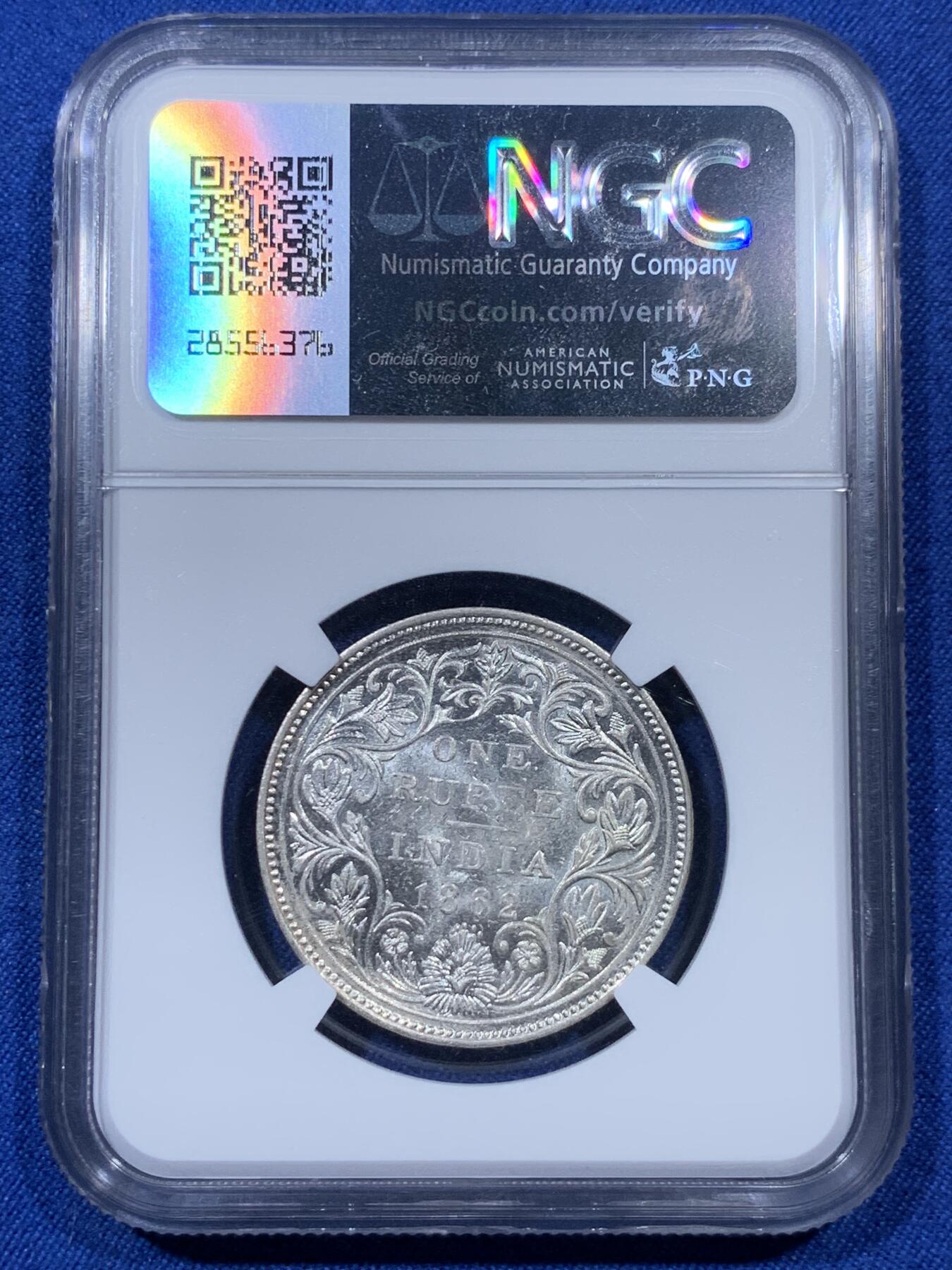 《竞宝斋》第313场 周日，周一 2场连拍 （全场包邮） NGC MS62 印度1862年维多利亚卢比银币，首年版，转光丝滑。