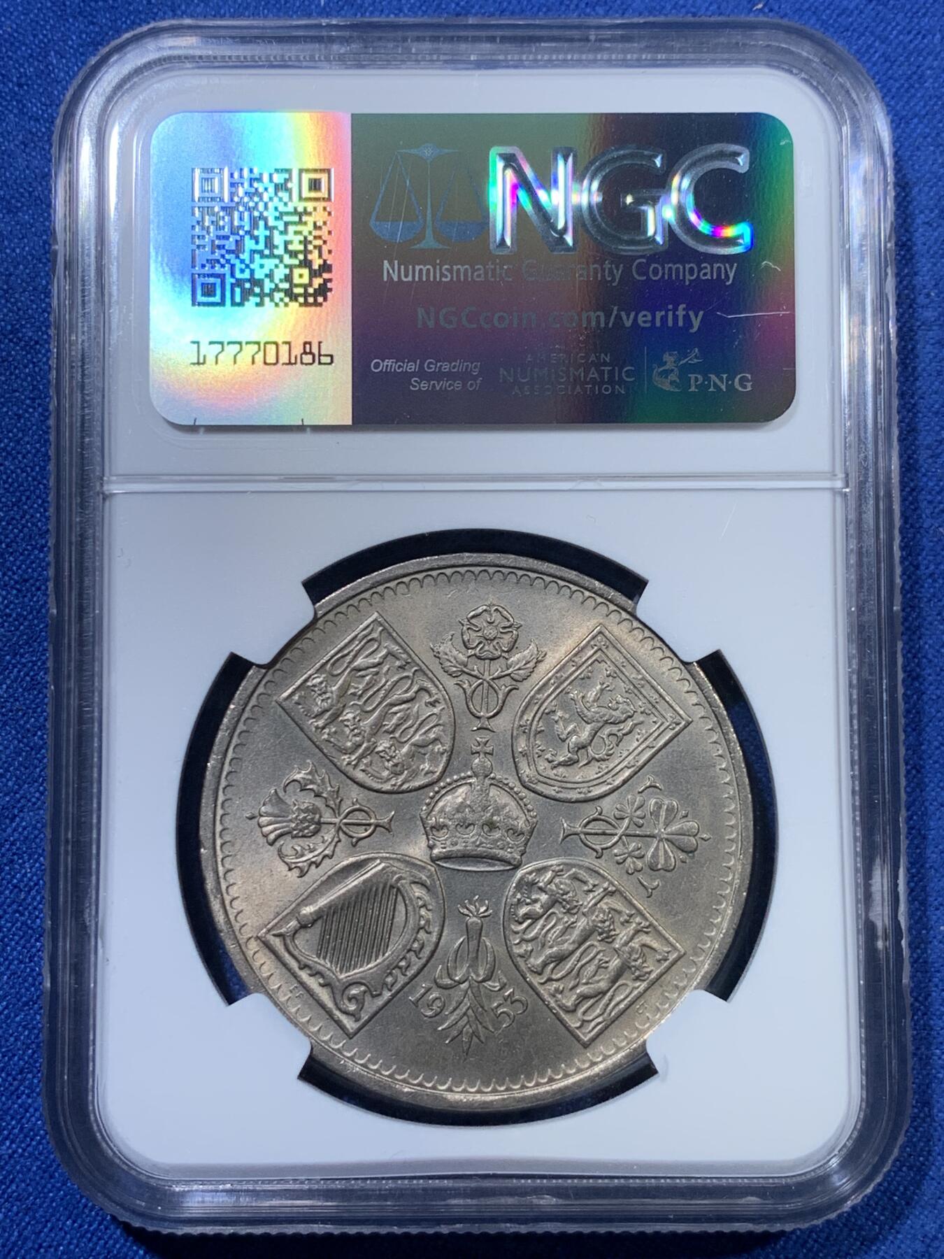 《竞宝斋》第313场 周日，周一 2场连拍 （全场包邮） NGC MS64 英国1953年伊丽莎白二世登基纪念克朗